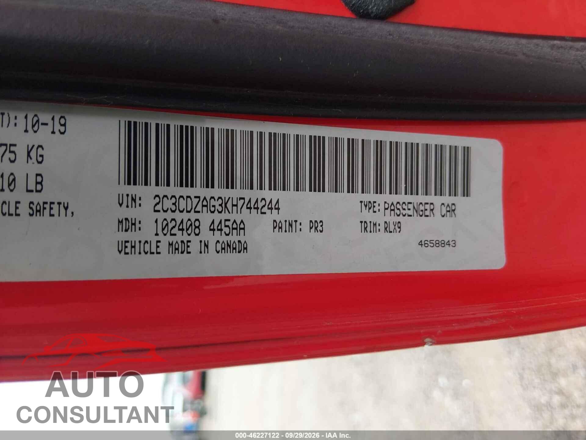 DODGE CHALLENGER 2019 - 2C3CDZAG3KH744244