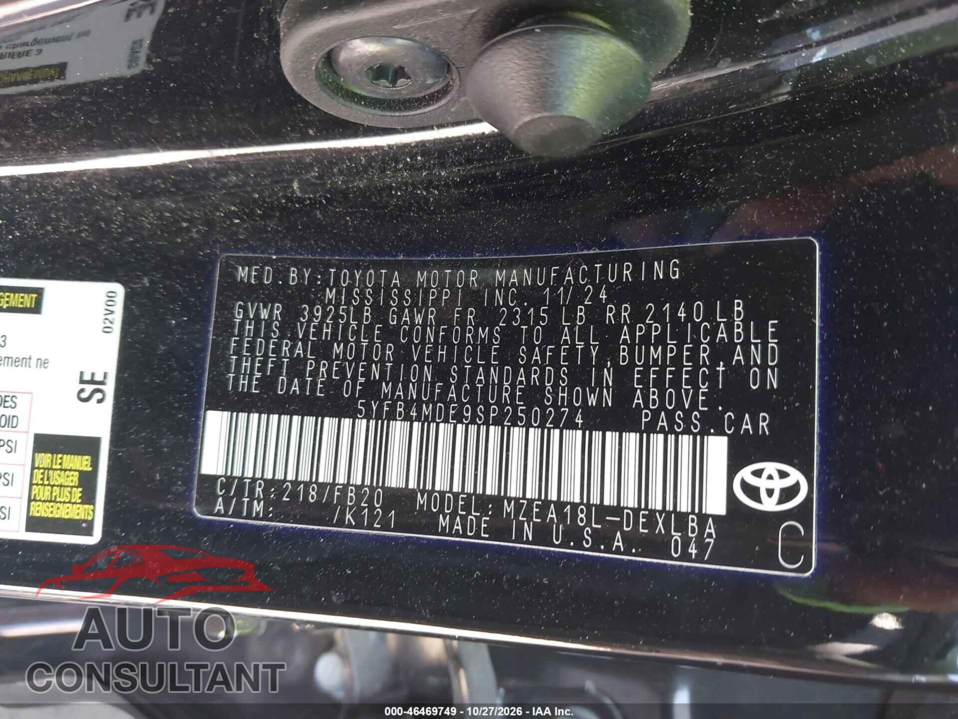 TOYOTA COROLLA 2025 - 5YFB4MDE9SP250274