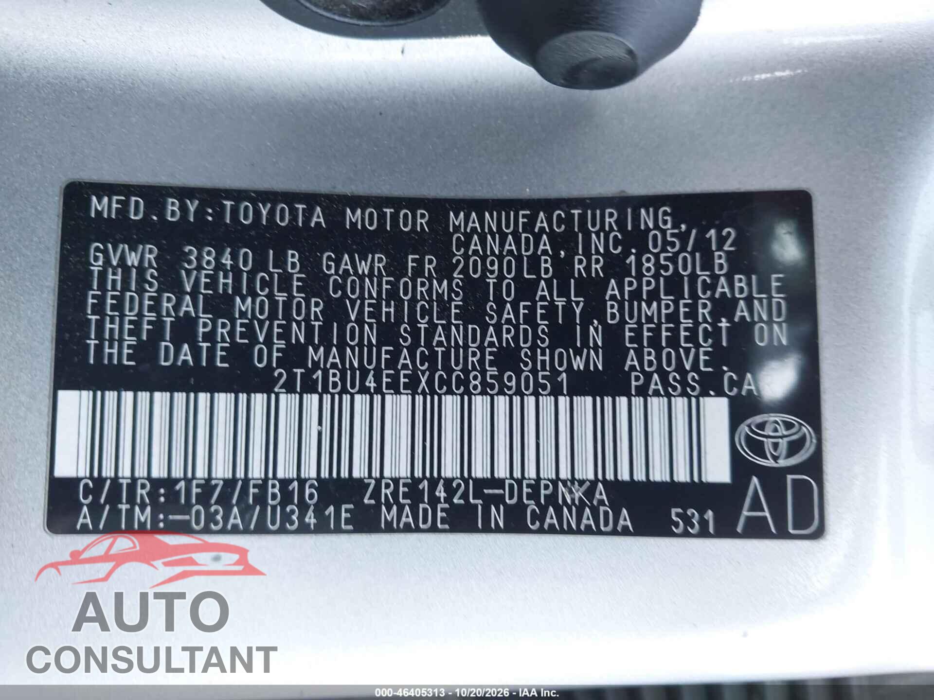TOYOTA COROLLA 2012 - 2T1BU4EEXCC859051