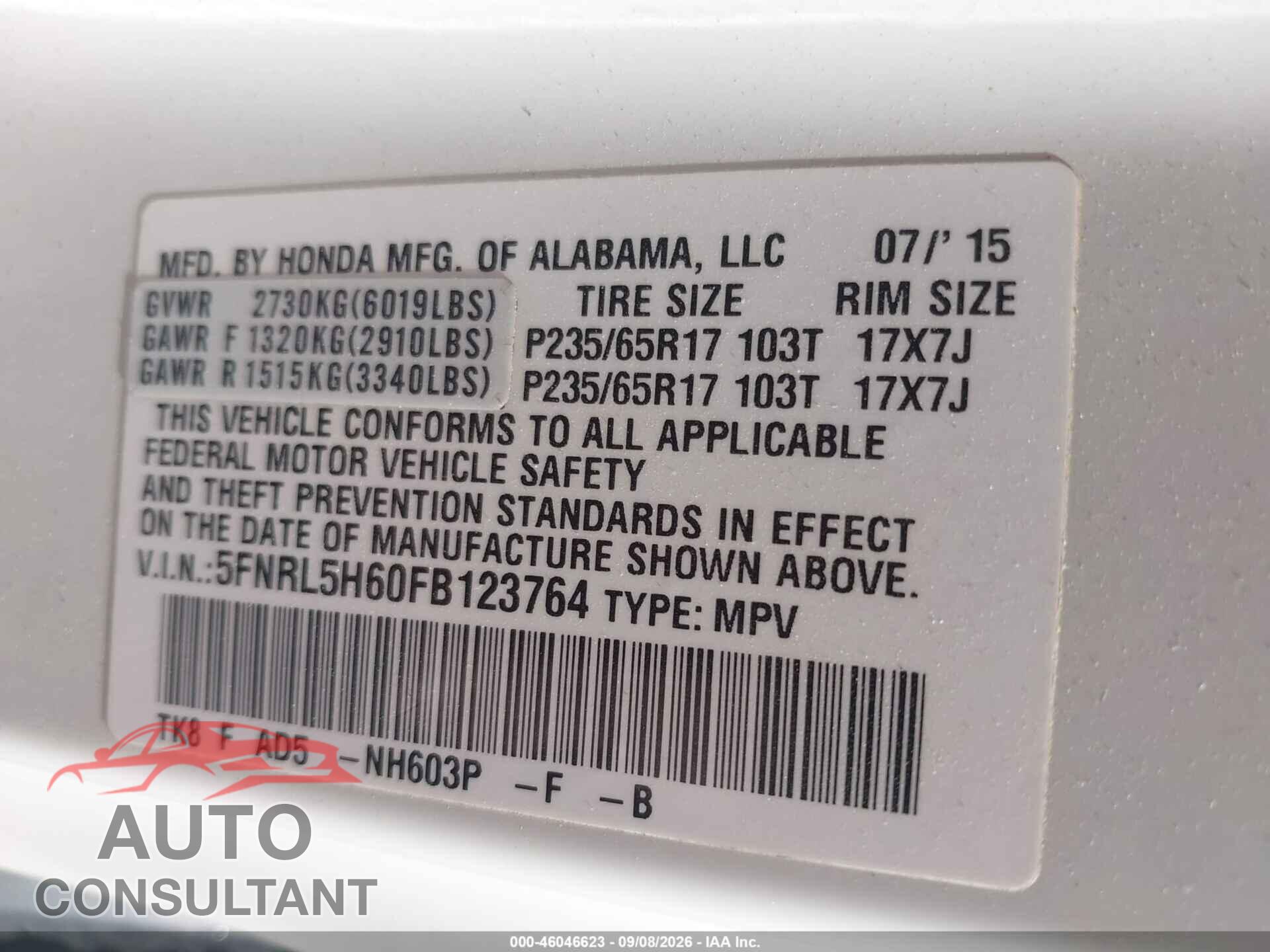 HONDA ODYSSEY 2015 - 5FNRL5H60FB123764