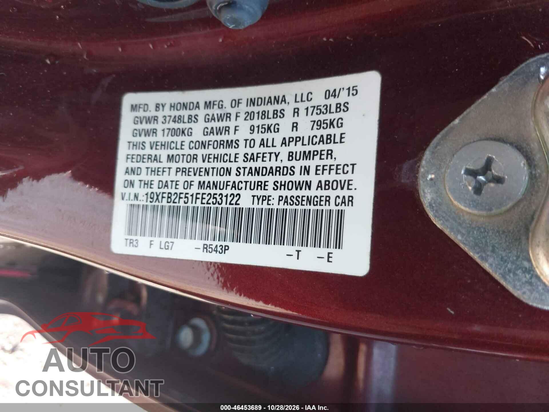 HONDA CIVIC 2015 - 19XFB2F51FE253122