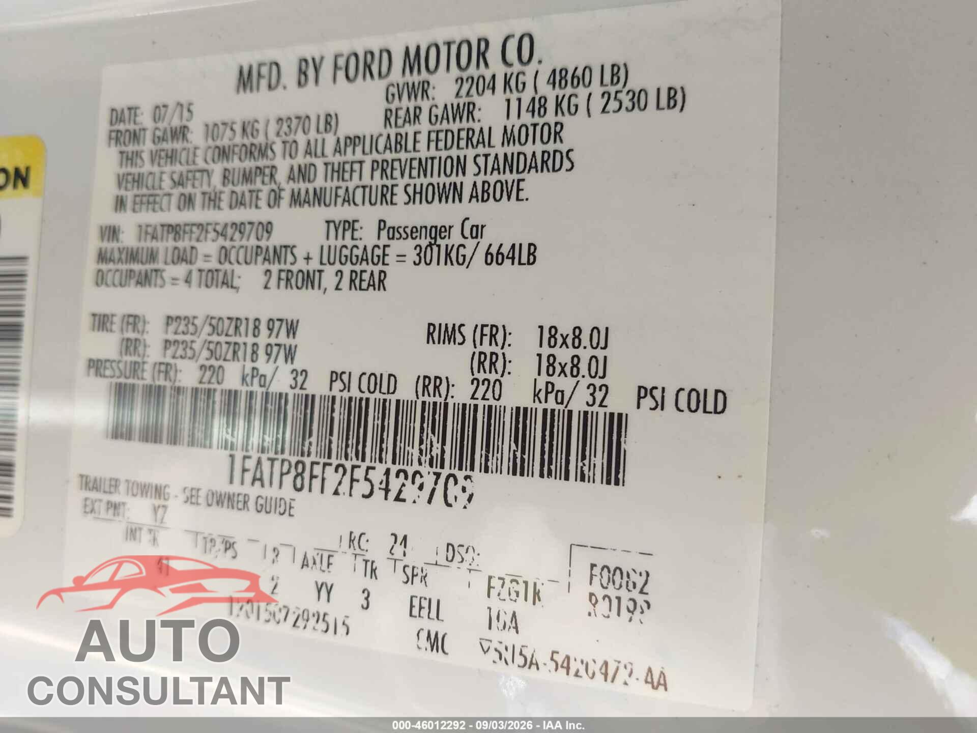 FORD MUSTANG 2015 - 1FATP8FF2F5429709