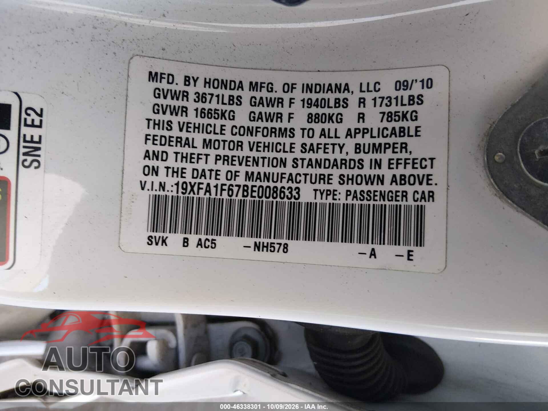 HONDA CIVIC 2011 - 19XFA1F67BE008633
