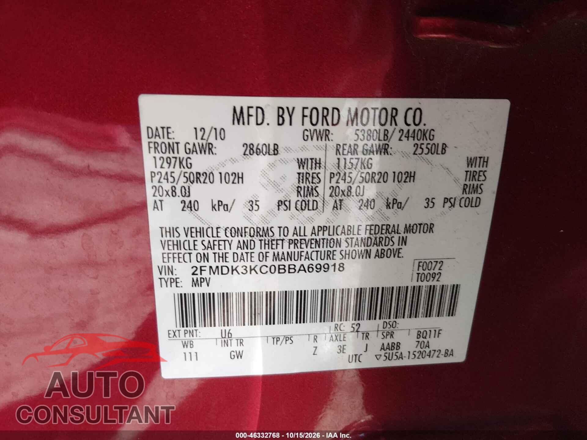 FORD EDGE 2011 - 2FMDK3KC0BBA69918