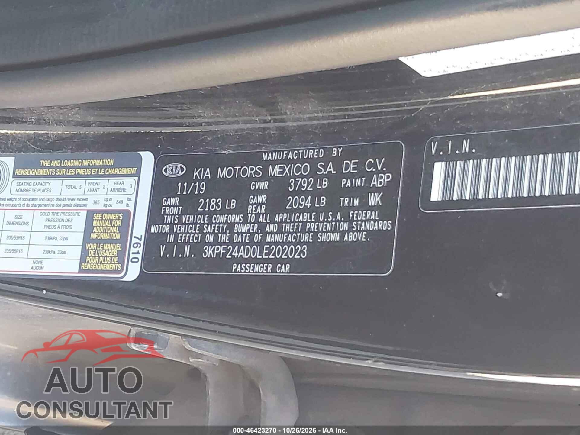 KIA FORTE 2020 - 3KPF24AD0LE202023