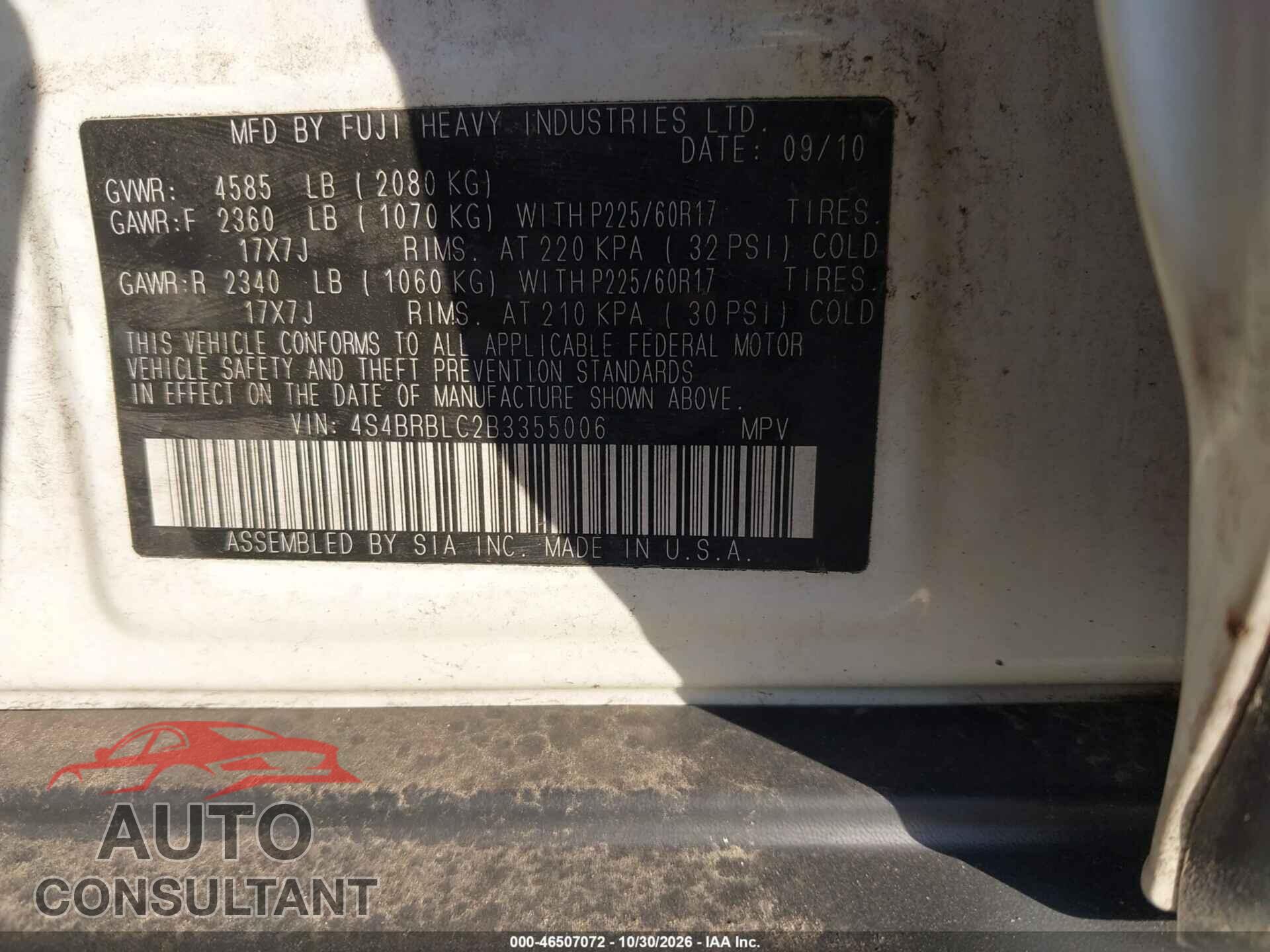 SUBARU OUTBACK 2011 - 4S4BRBLC2B3355006