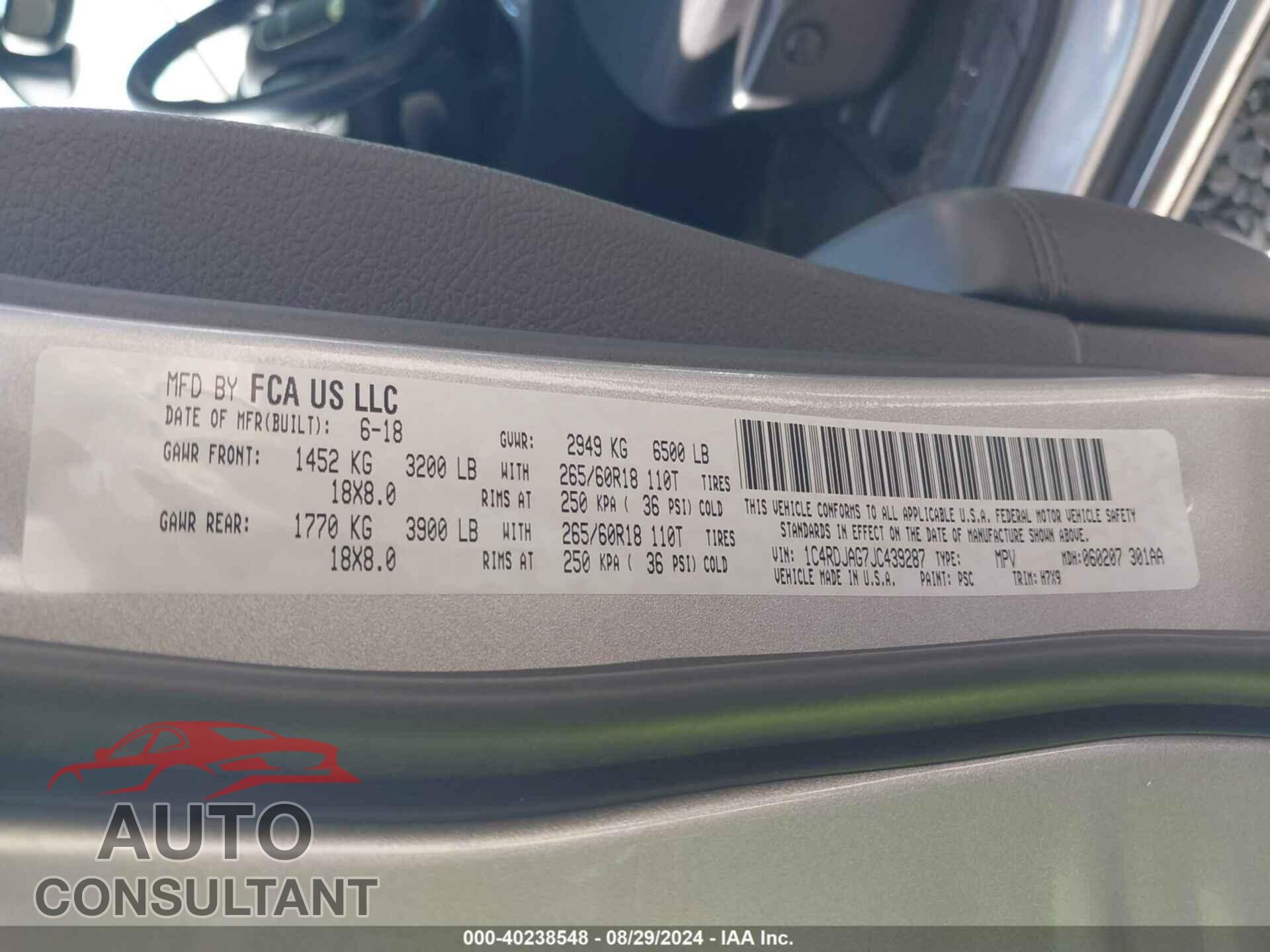 DODGE DURANGO 2018 - 1C4RDJAG7JC439287