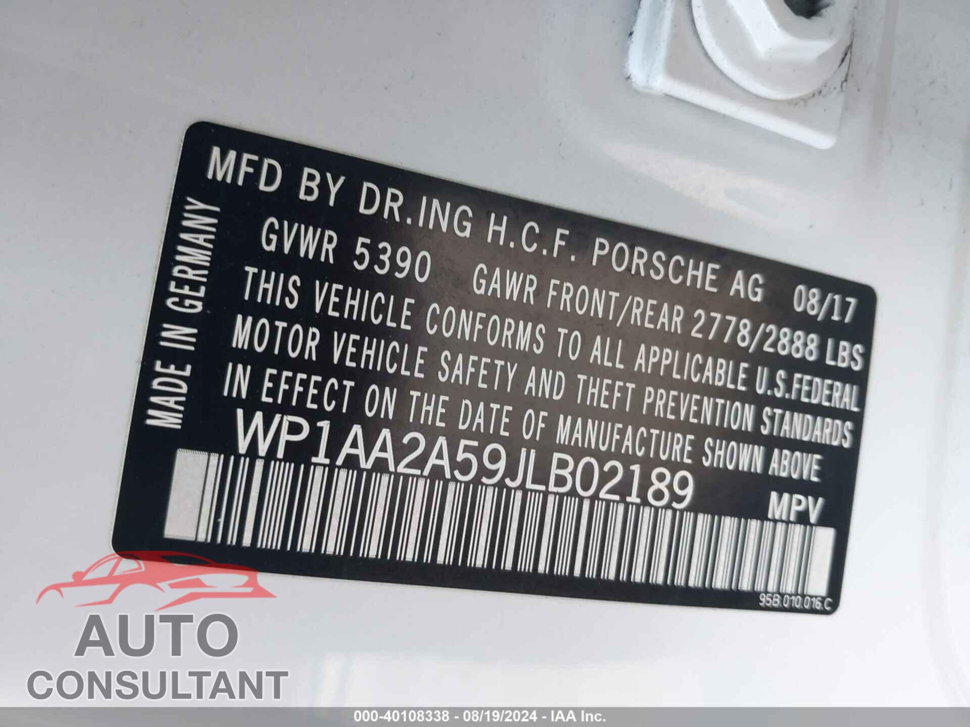 PORSCHE MACAN 2018 - WP1AA2A59JLB02189