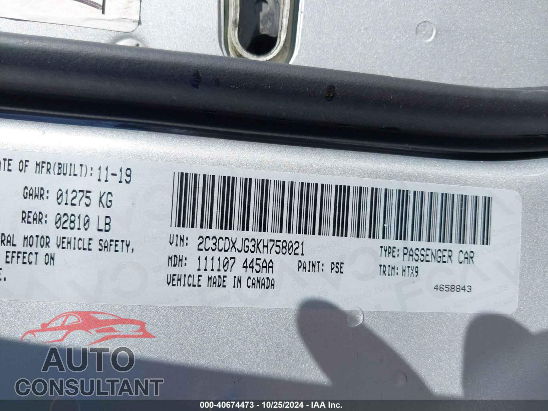 DODGE CHARGER 2019 - 2C3CDXJG3KH758021