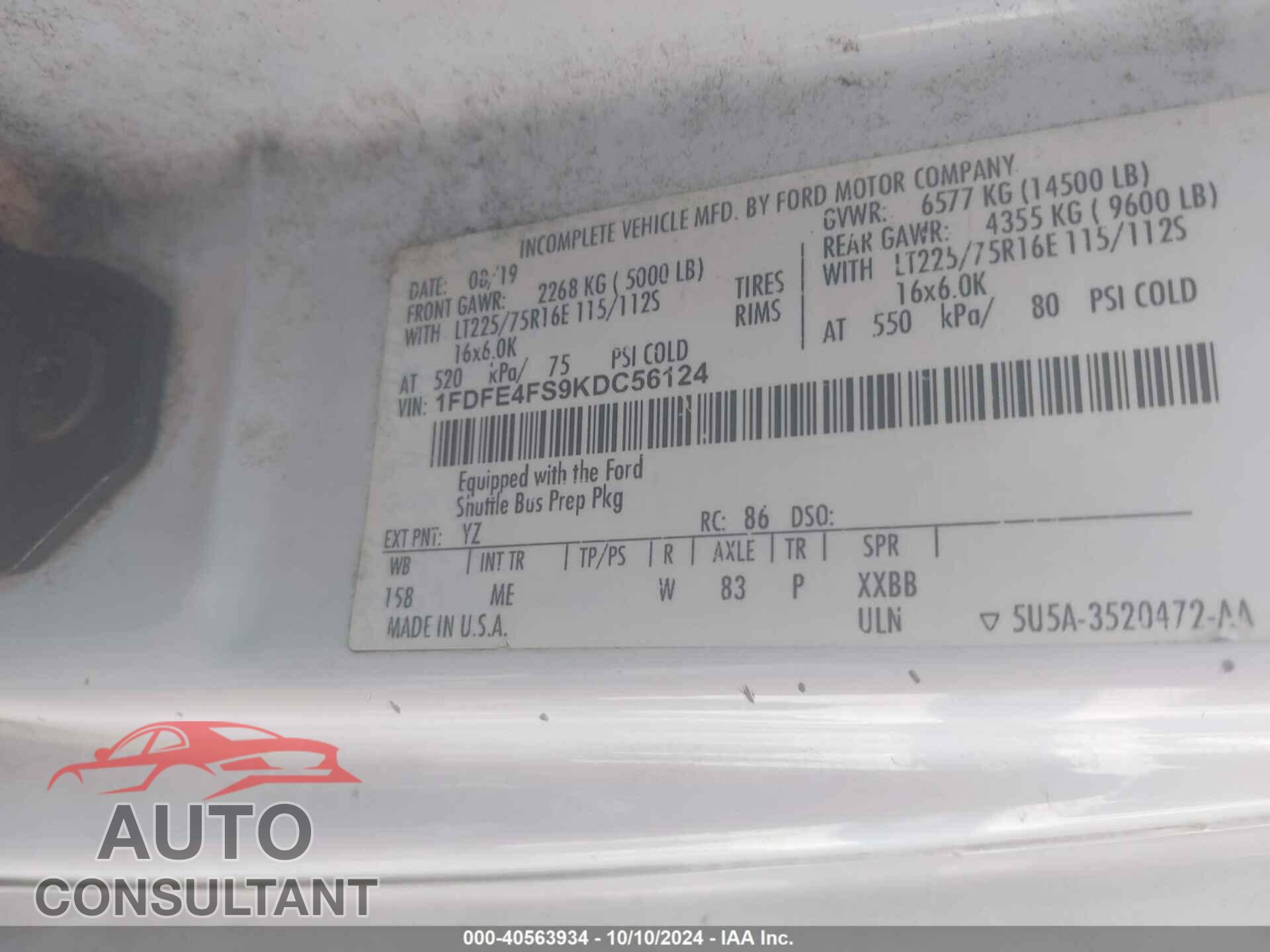 FORD E-450 CUTAWAY 2019 - 1FDFE4FS9KDC56124