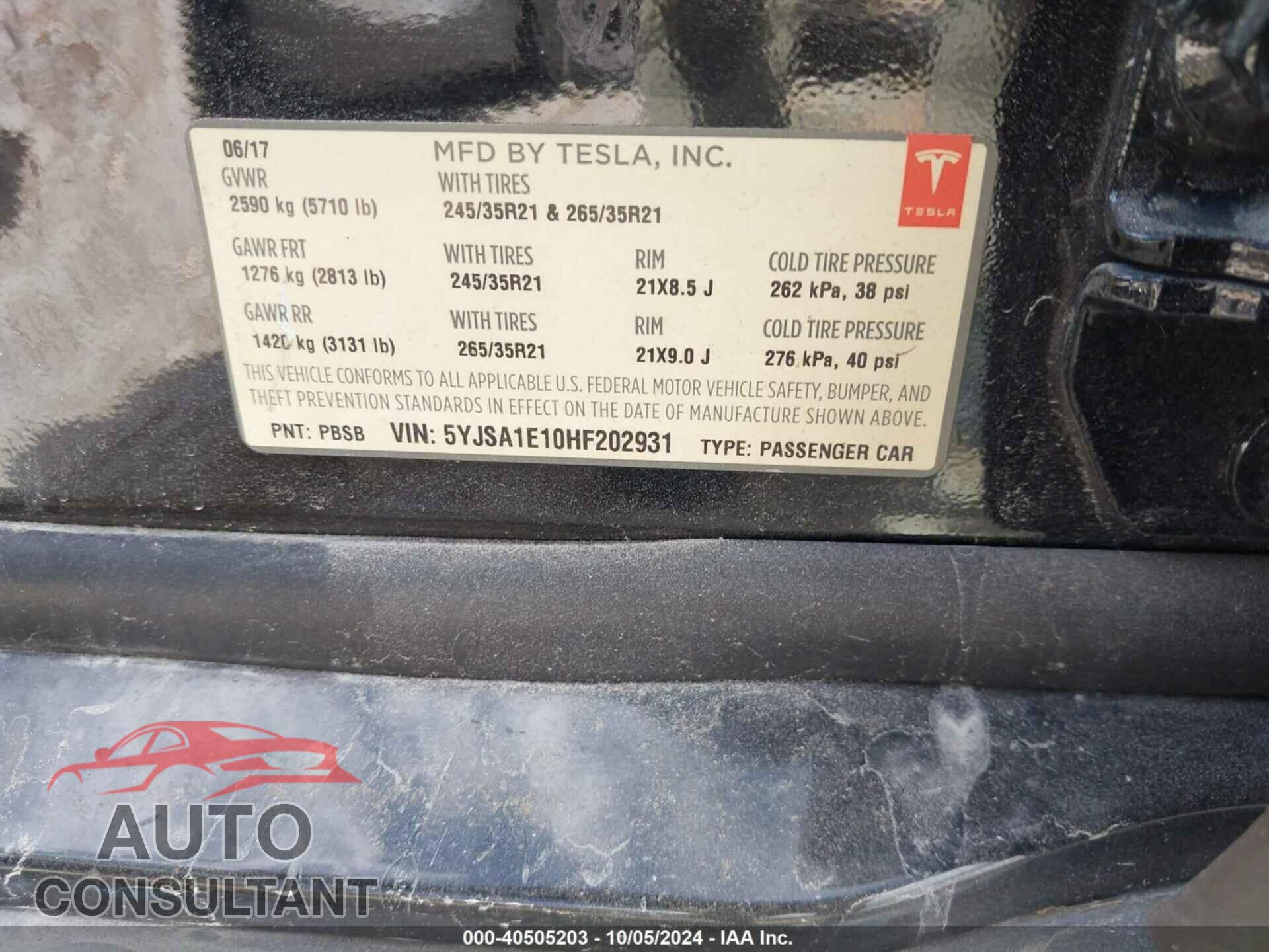 TESLA MODEL S 2017 - 5YJSA1E10HF202931
