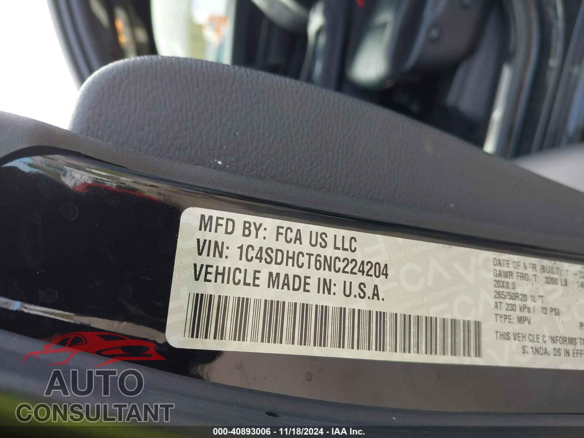 DODGE DURANGO 2022 - 1C4SDHCT6NC224204