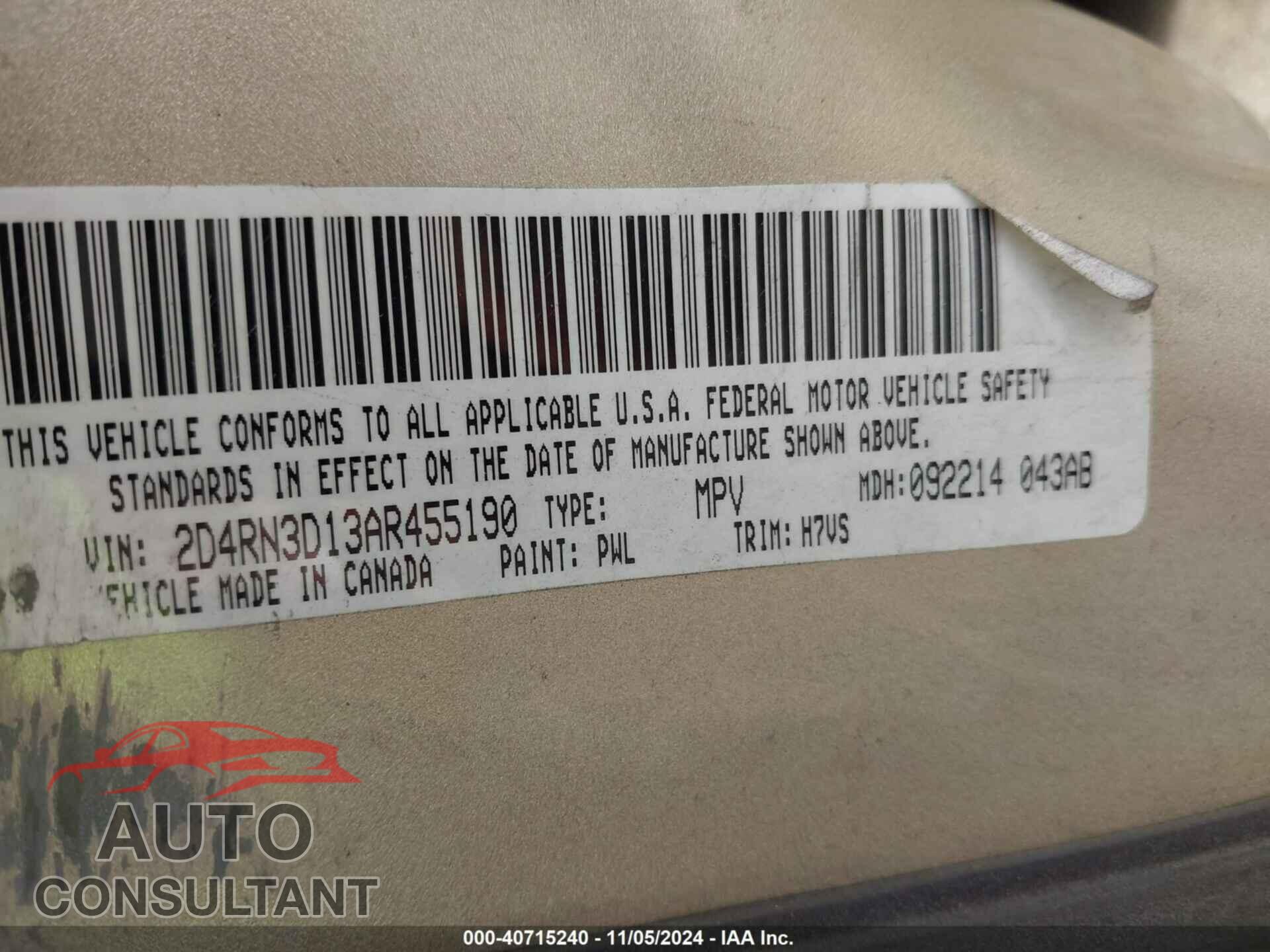 DODGE GRAND CARAVAN 2010 - 2D4RN3D13AR455190