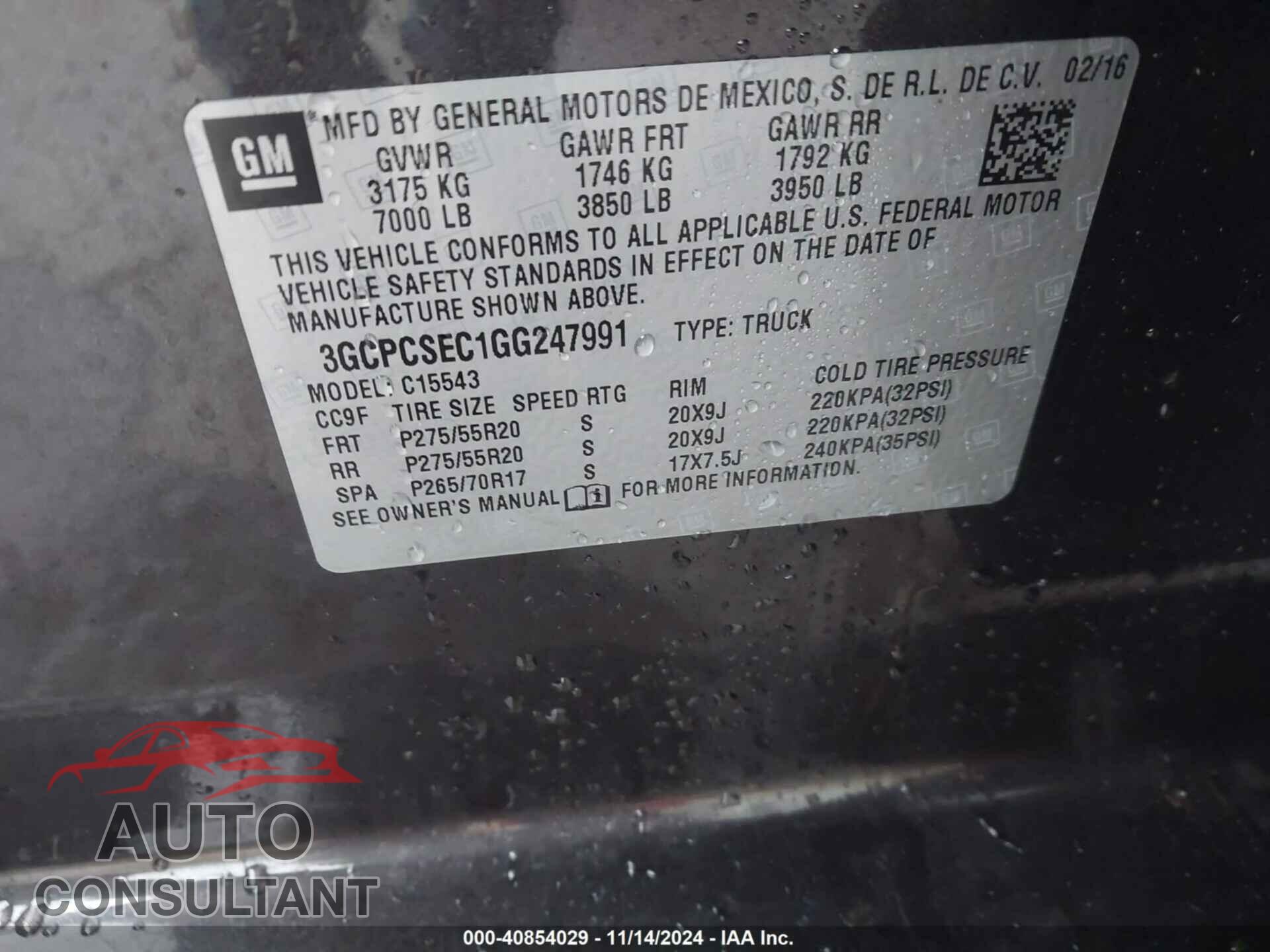 CHEVROLET SILVERADO 1500 2016 - 3GCPCSEC1GG247991