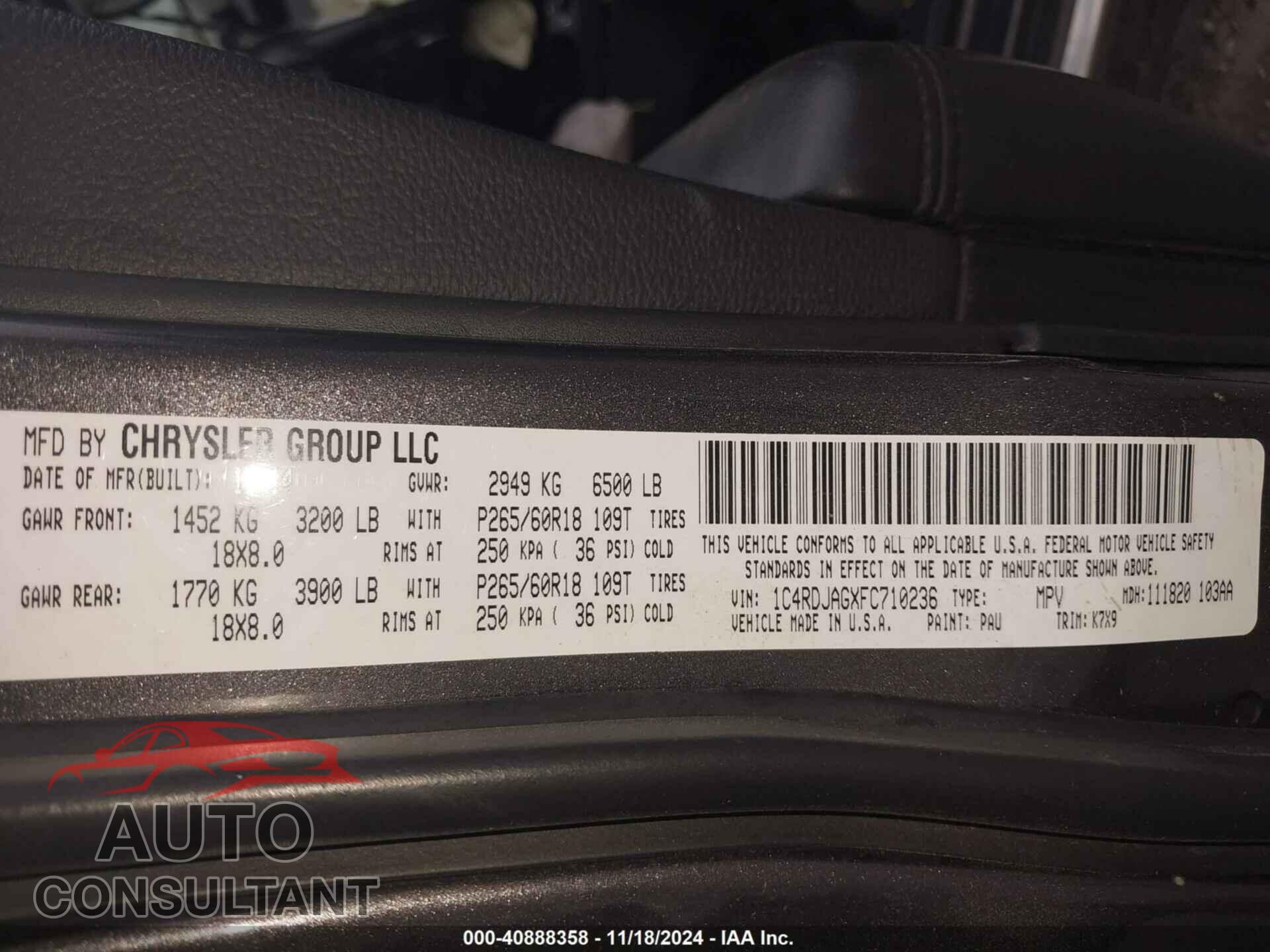 DODGE DURANGO 2015 - 1C4RDJAGXFC710236