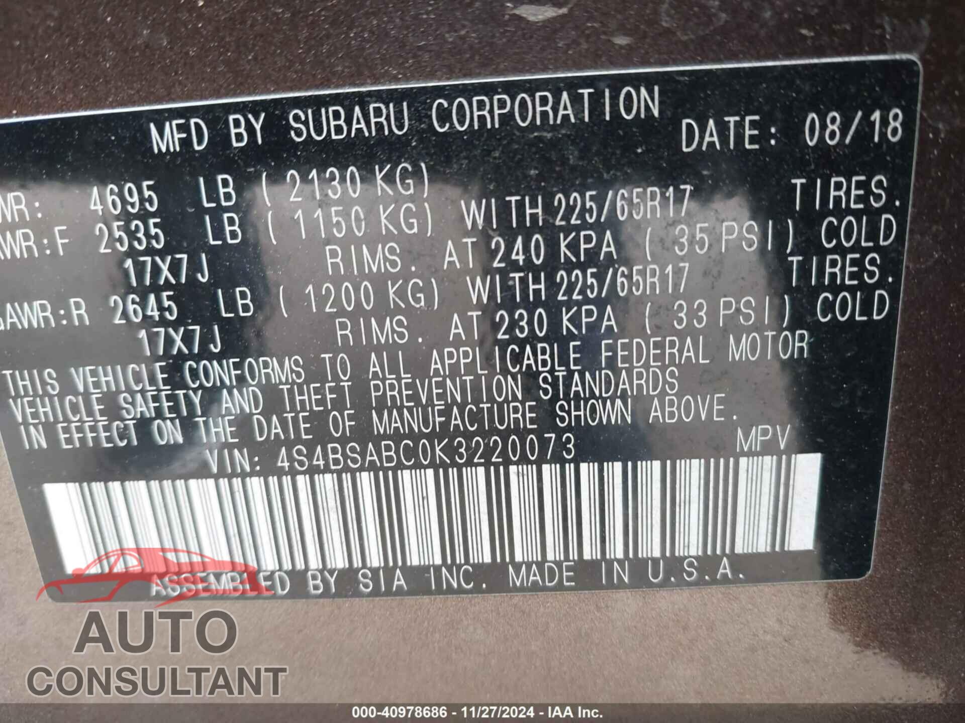SUBARU OUTBACK 2019 - 4S4BSABC0K3220073