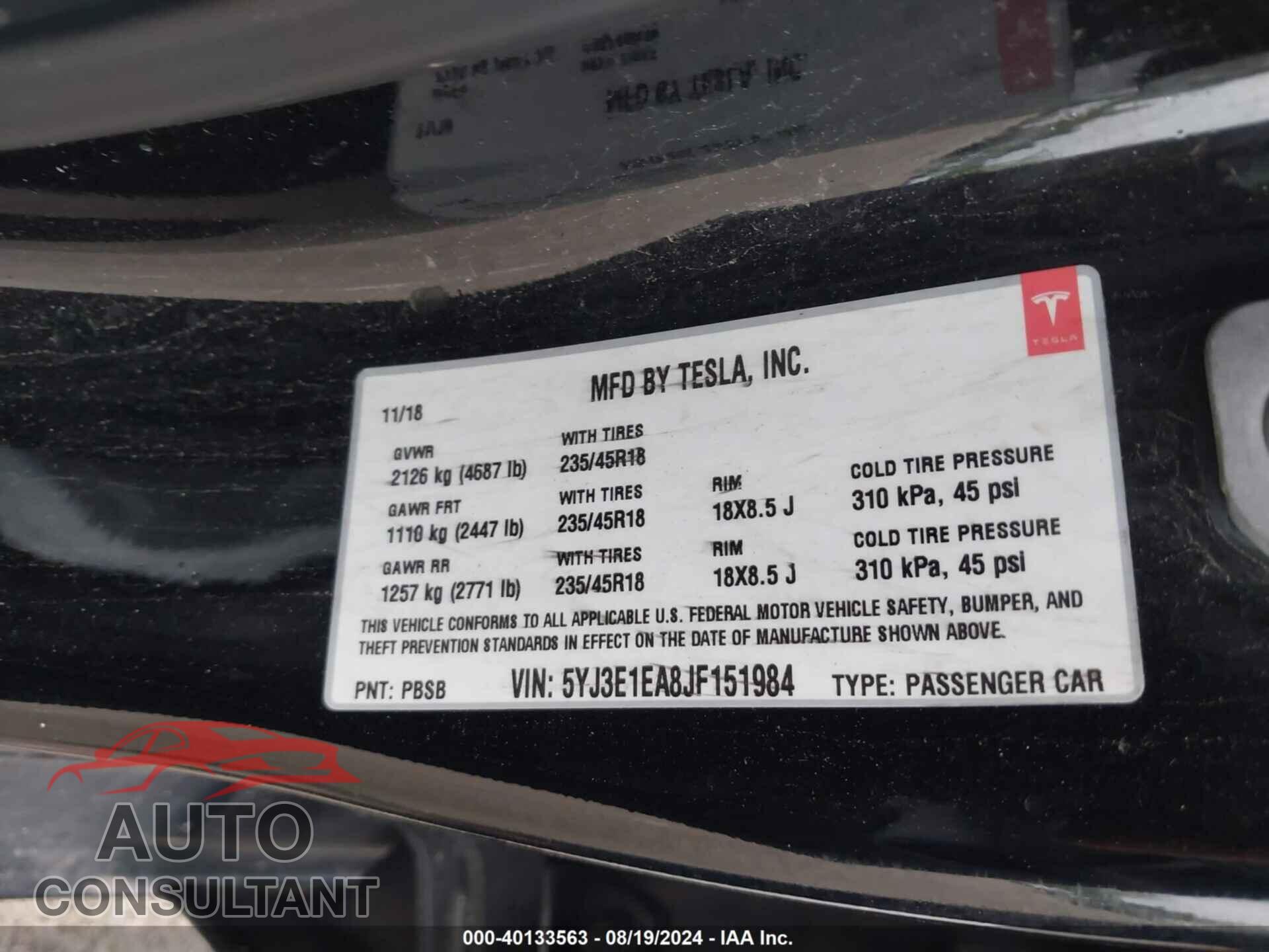 TESLA MODEL 3 2018 - 5YJ3E1EA8JF151984