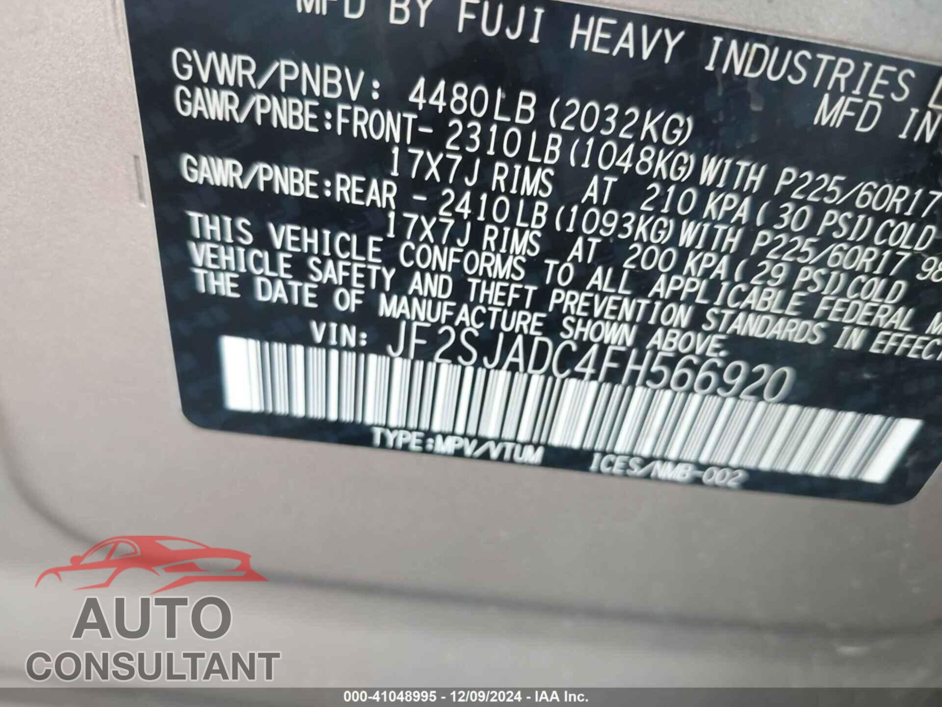 SUBARU FORESTER 2015 - JF2SJADC4FH566920