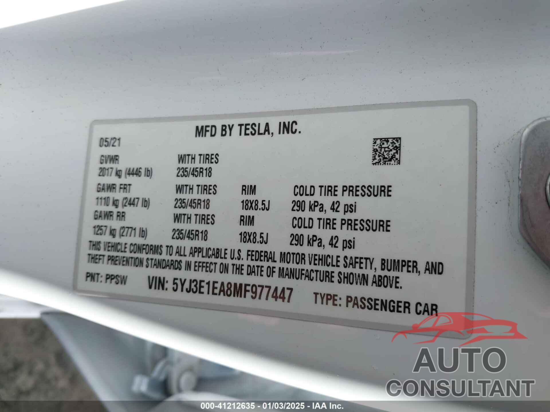 TESLA MODEL 3 2021 - 5YJ3E1EA8MF977447