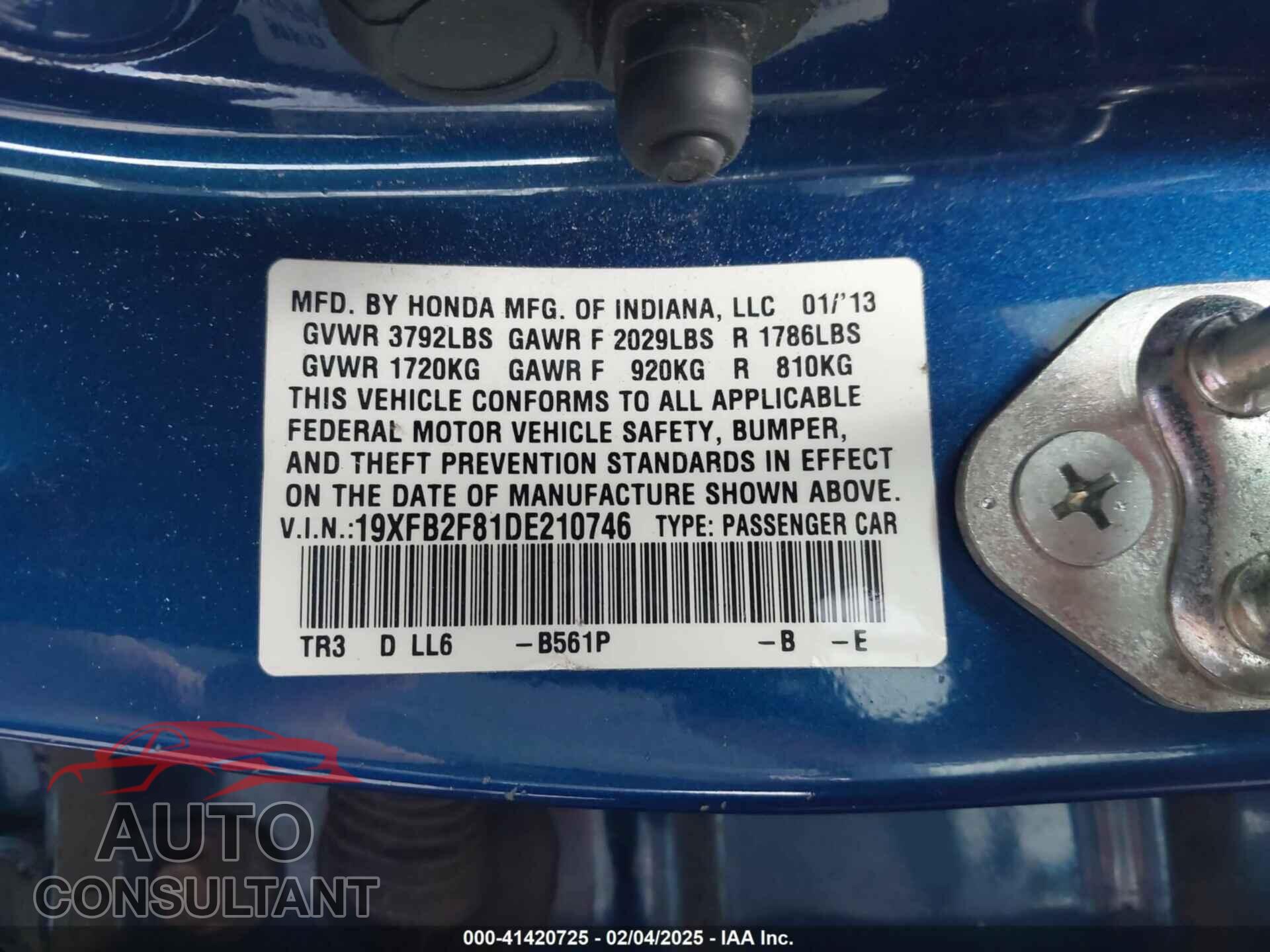 HONDA CIVIC 2013 - 19XFB2F81DE210746
