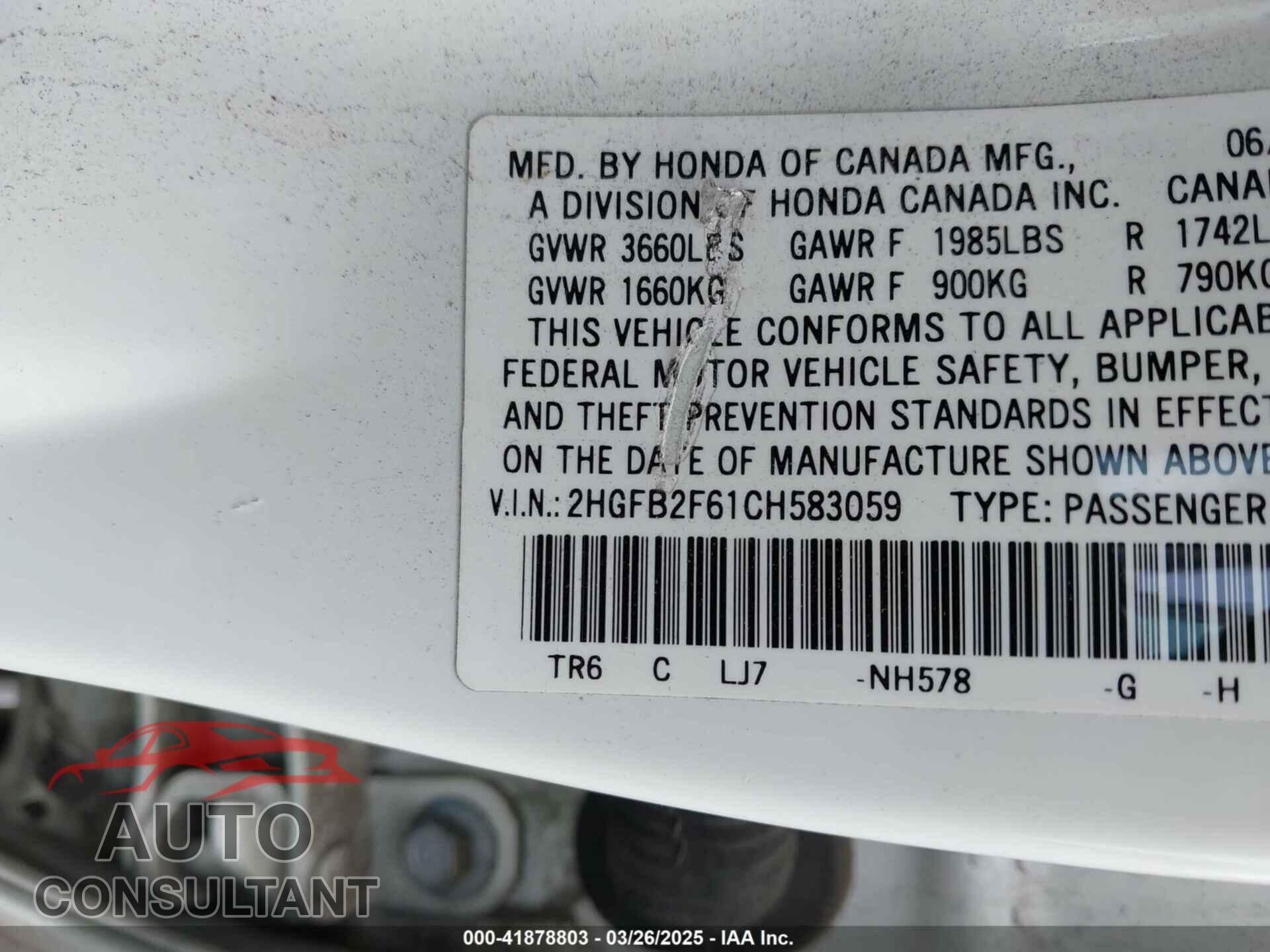 HONDA CIVIC 2012 - 2HGFB2F61CH583059
