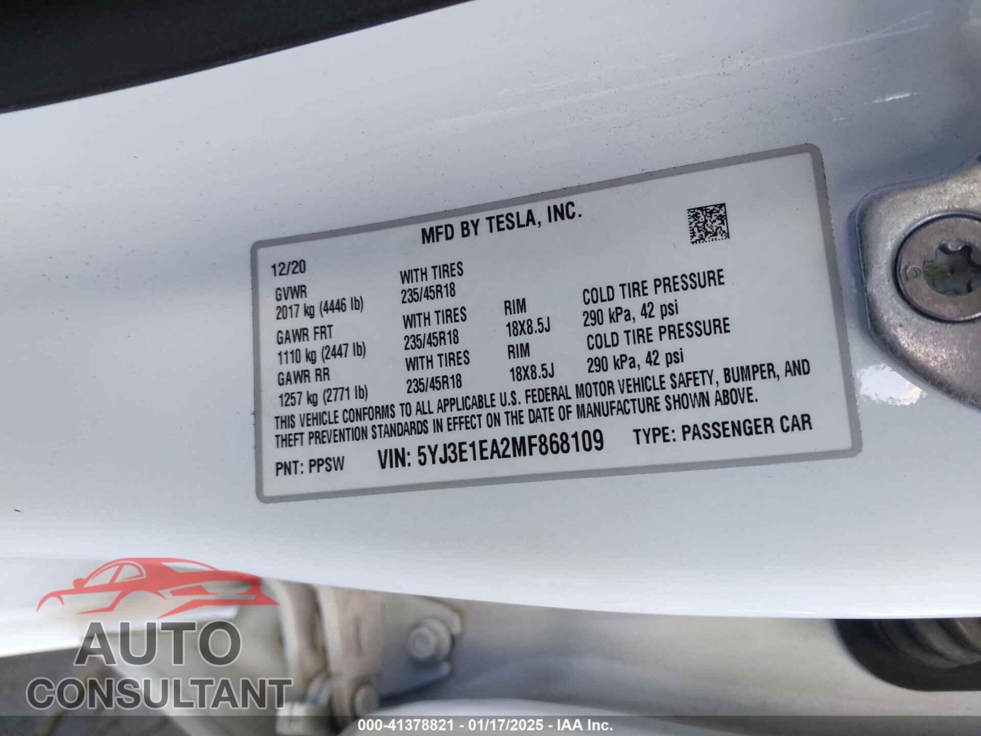 TESLA MODEL 3 2021 - 5YJ3E1EA2MF868109