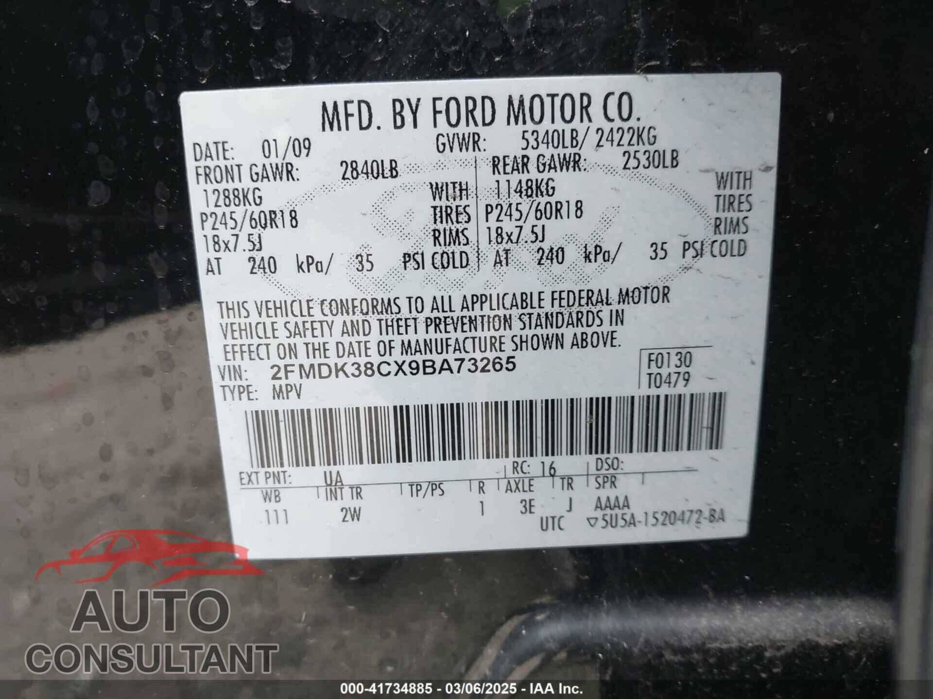 FORD EDGE 2009 - 2FMDK38CX9BA73265