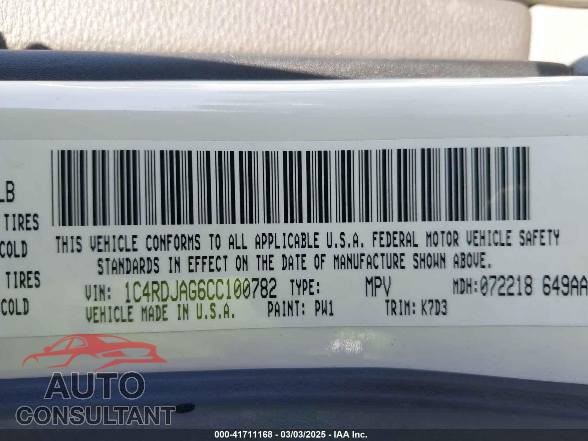 DODGE DURANGO 2012 - 1C4RDJAG6CC100782