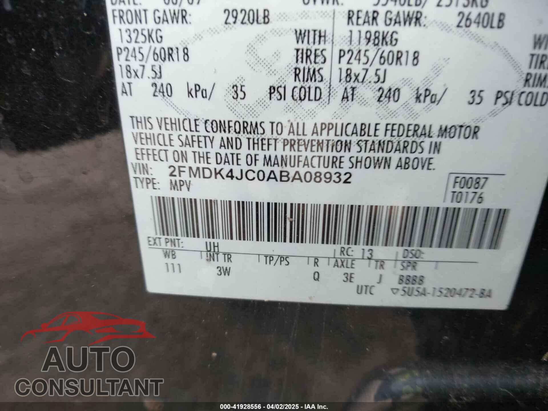 FORD EDGE 2010 - 2FMDK4JC0ABA08932