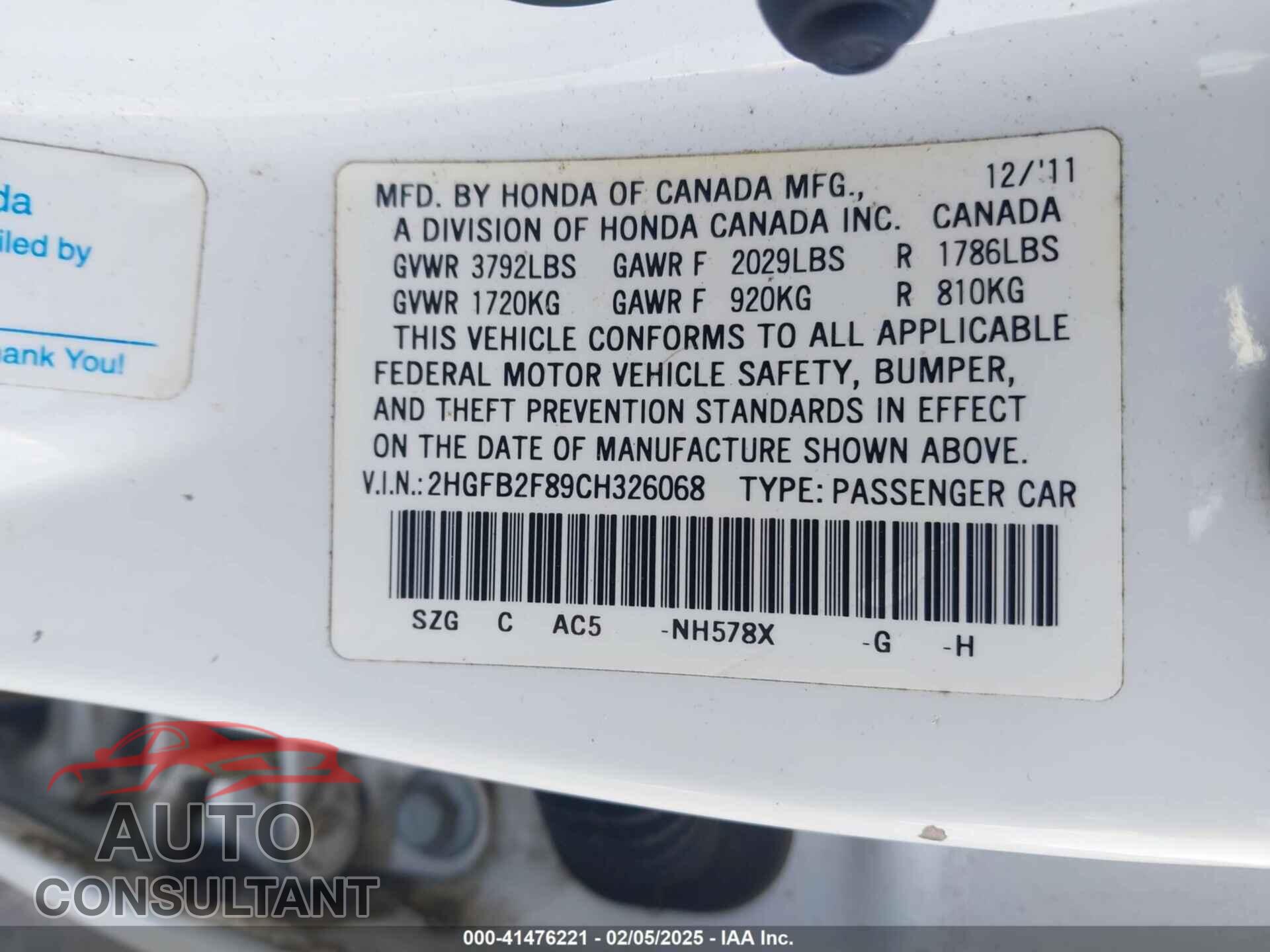 HONDA CIVIC 2012 - 2HGFB2F89CH326068
