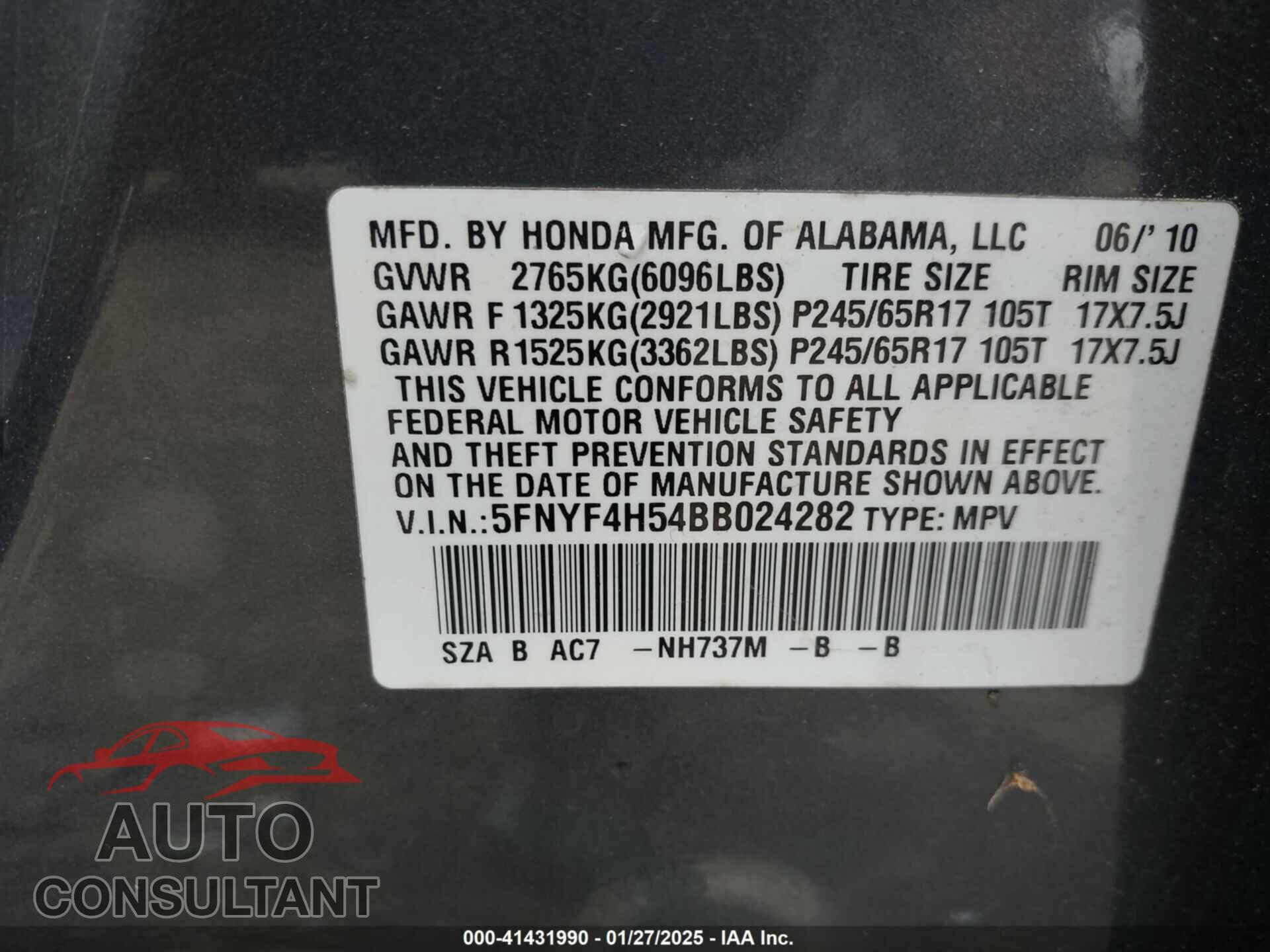 HONDA PILOT 2011 - 5FNYF4H54BB024282