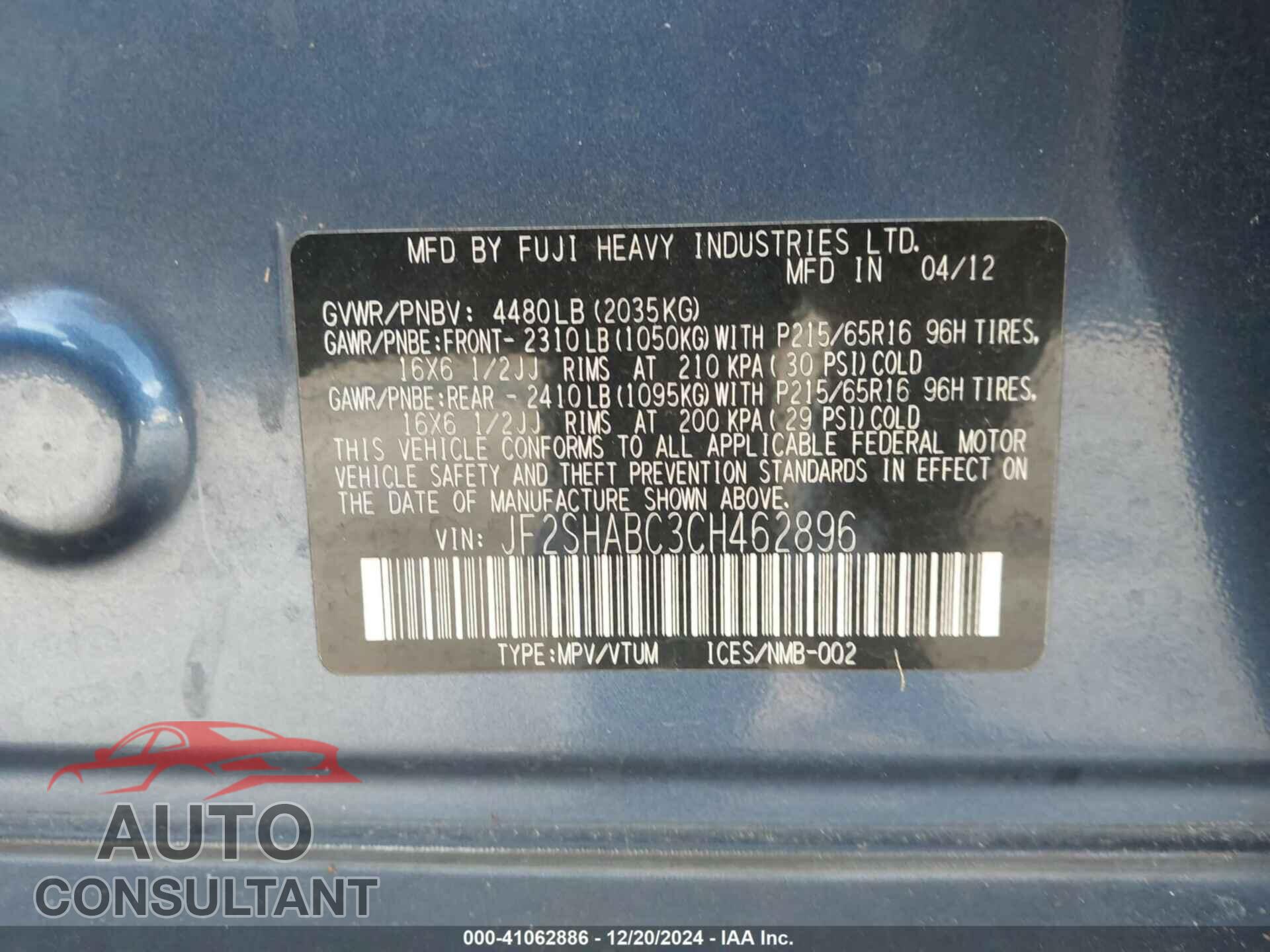 SUBARU FORESTER 2012 - JF2SHABC3CH462896