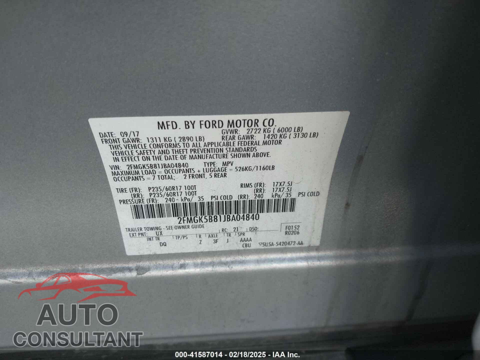 FORD FLEX 2018 - 2FMGK5B81JBA04840