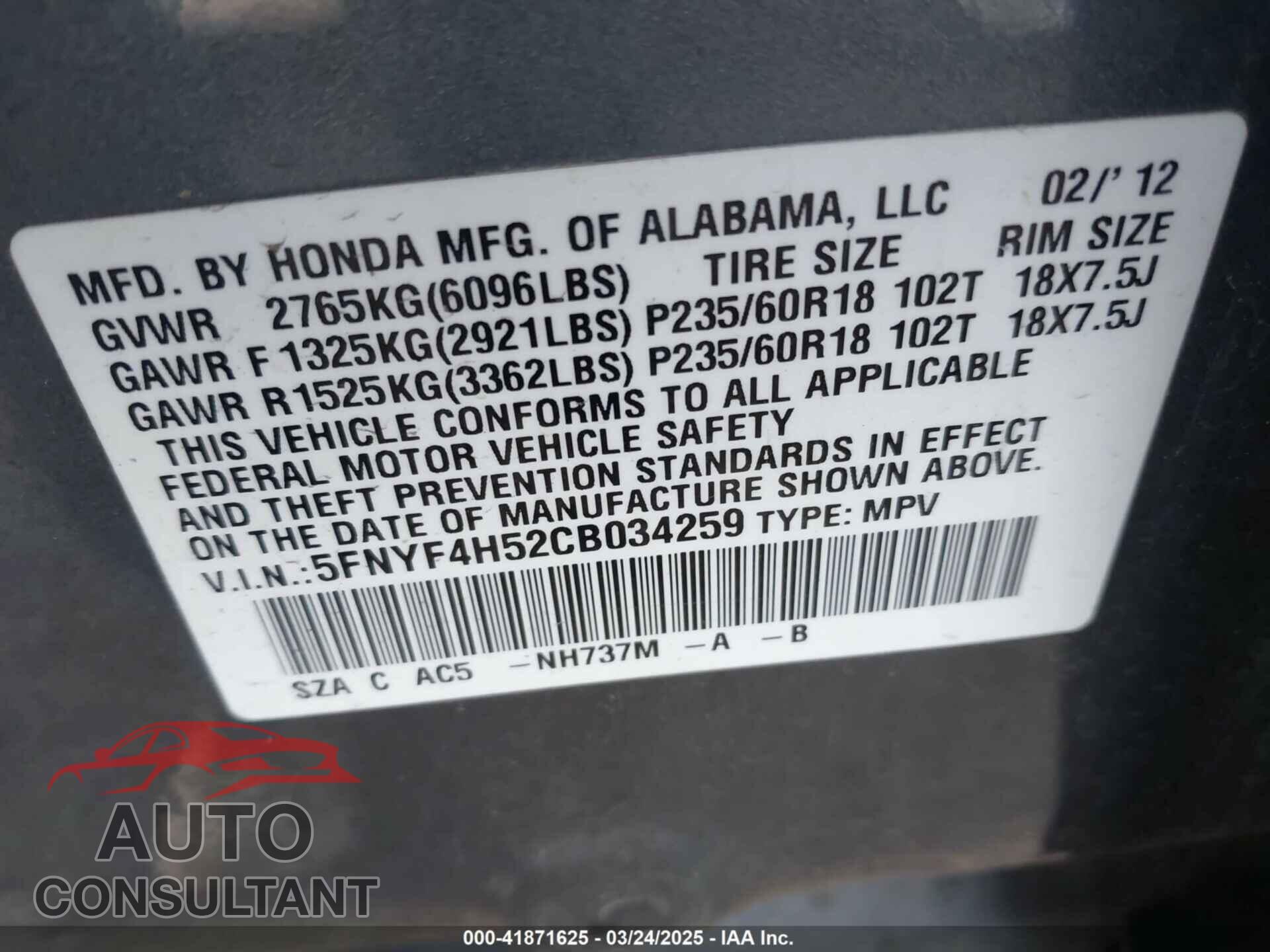 HONDA PILOT 2012 - 5FNYF4H52CB034259