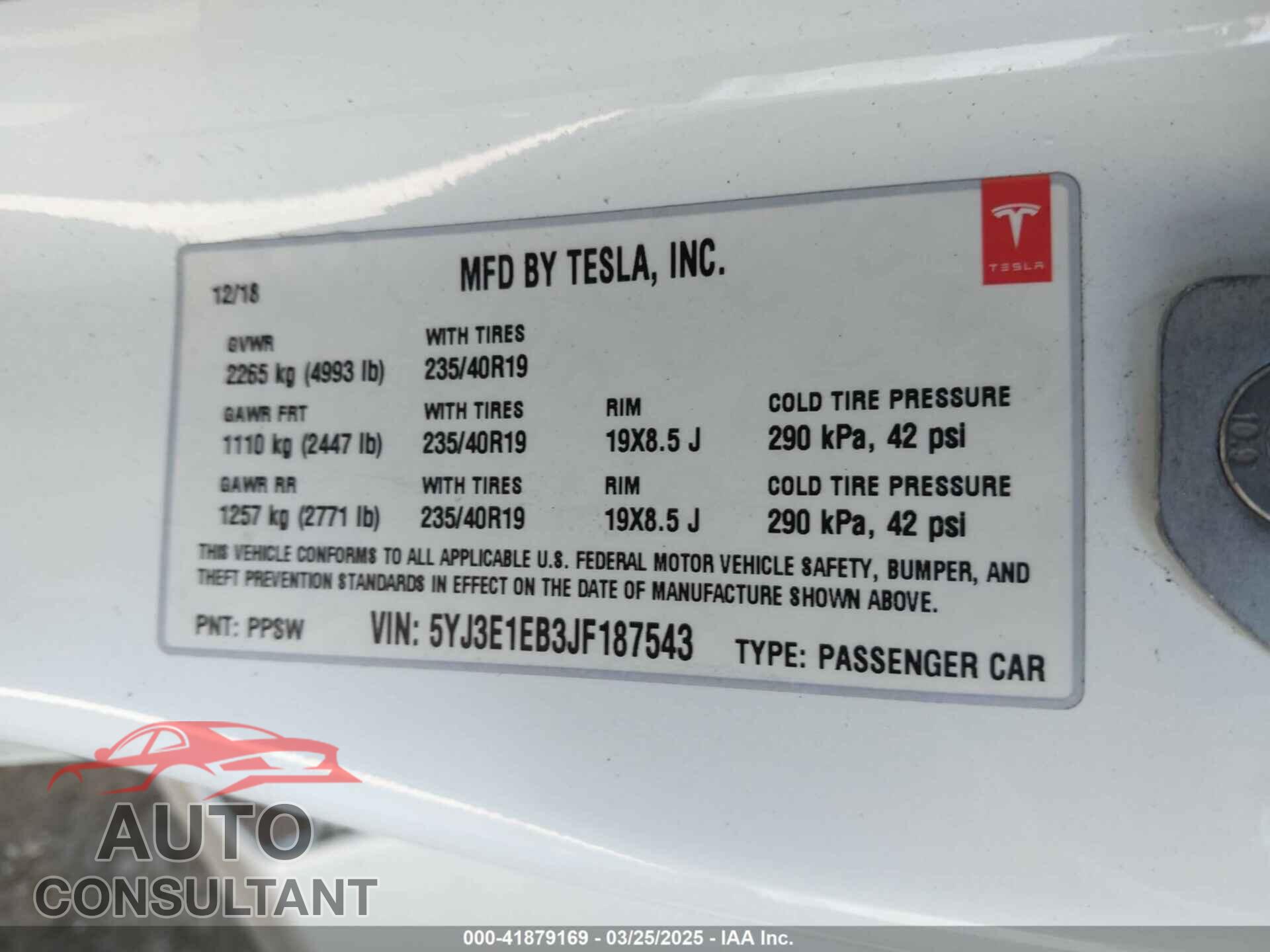 TESLA MODEL 3 2018 - 5YJ3E1EB3JF187543