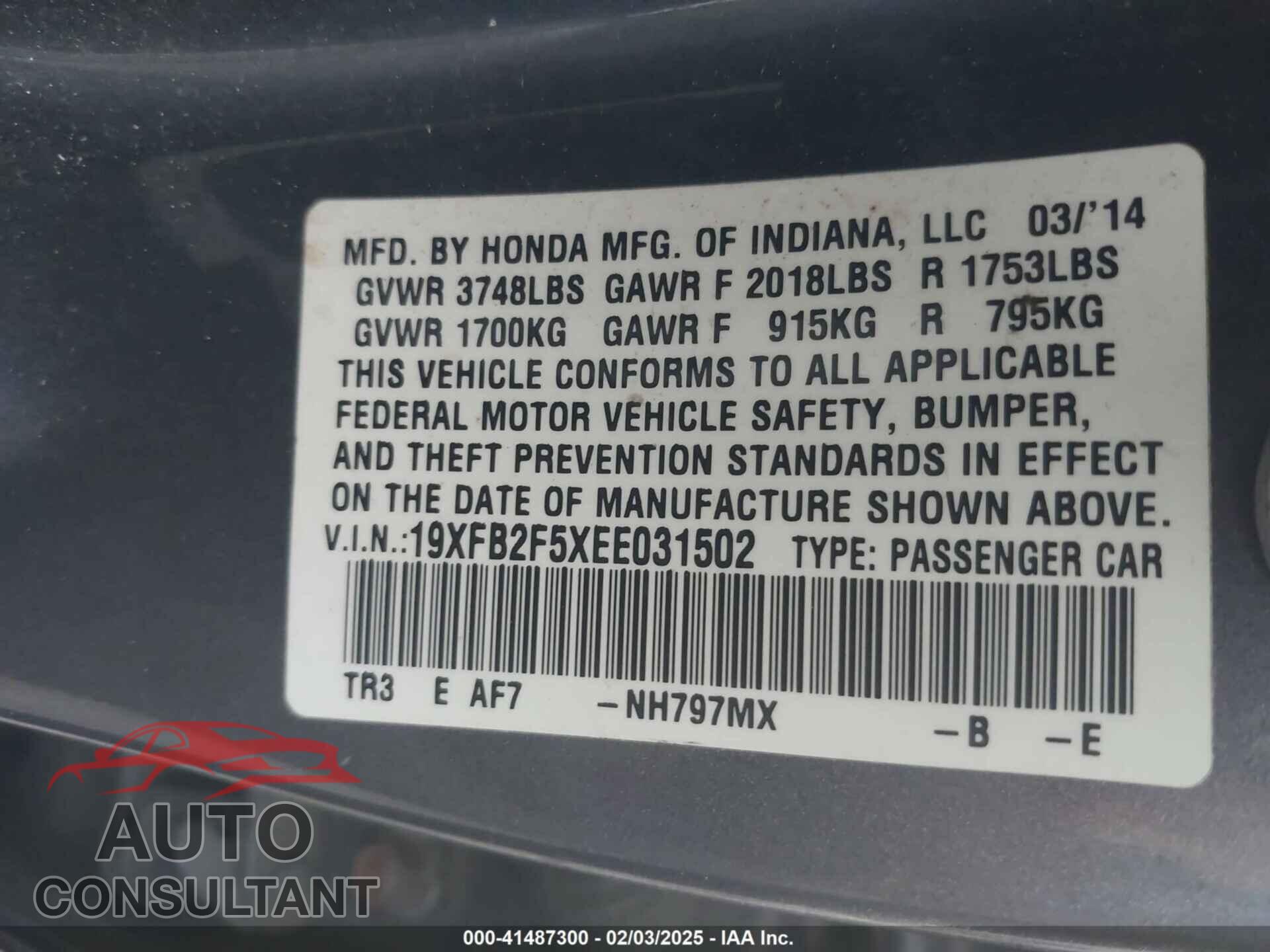 HONDA CIVIC 2014 - 19XFB2F5XEE031502