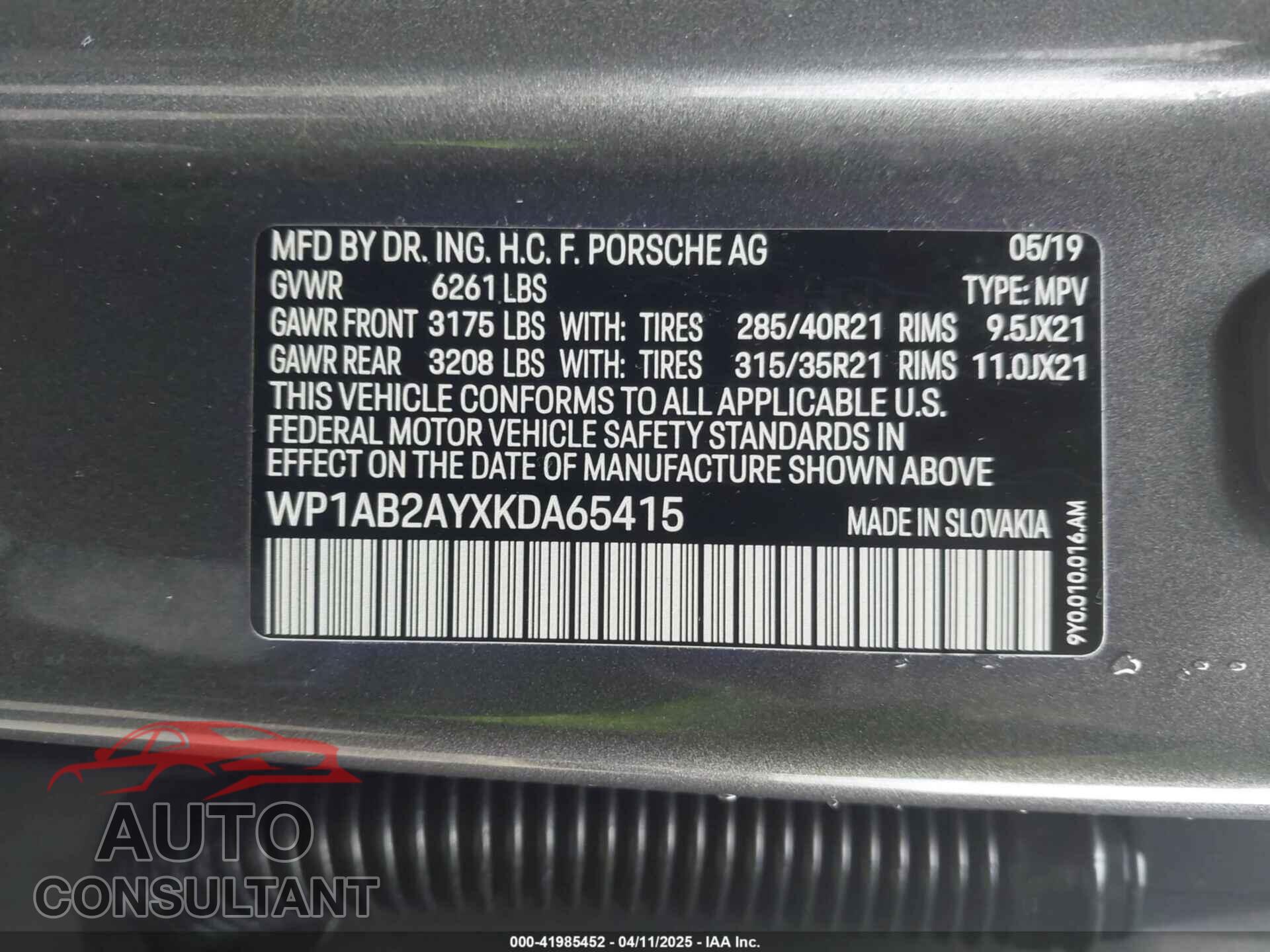 PORSCHE CAYENNE 2019 - WP1AB2AYXKDA65415