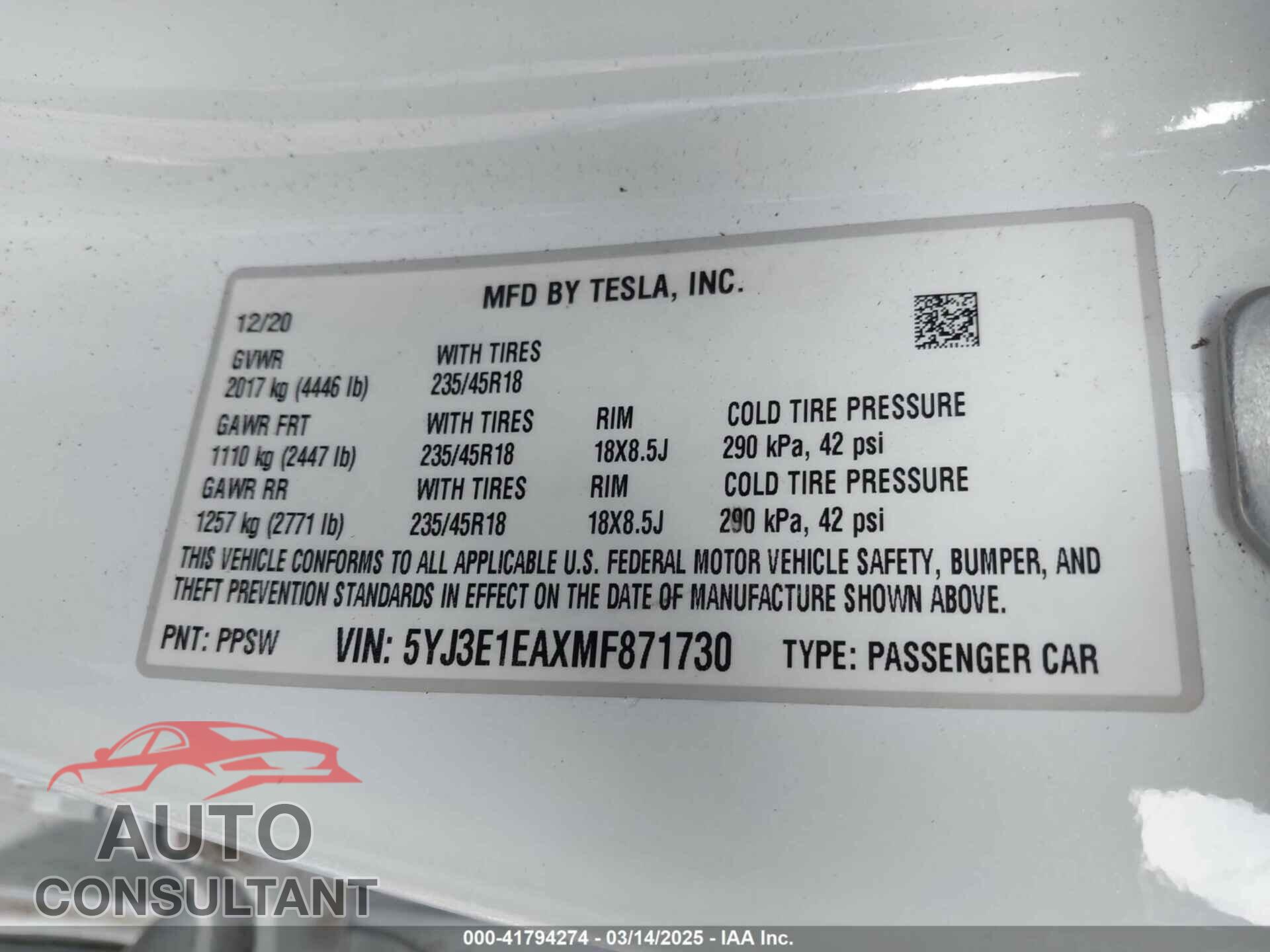 TESLA MODEL 3 2021 - 5YJ3E1EAXMF871730
