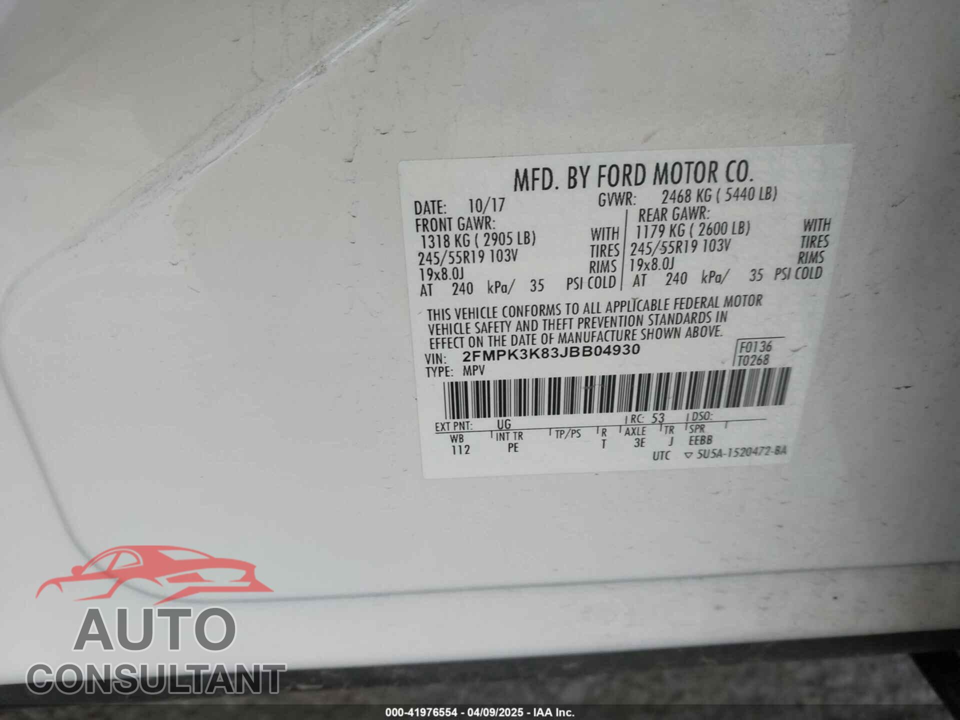 FORD EDGE 2018 - 2FMPK3K83JBB04930