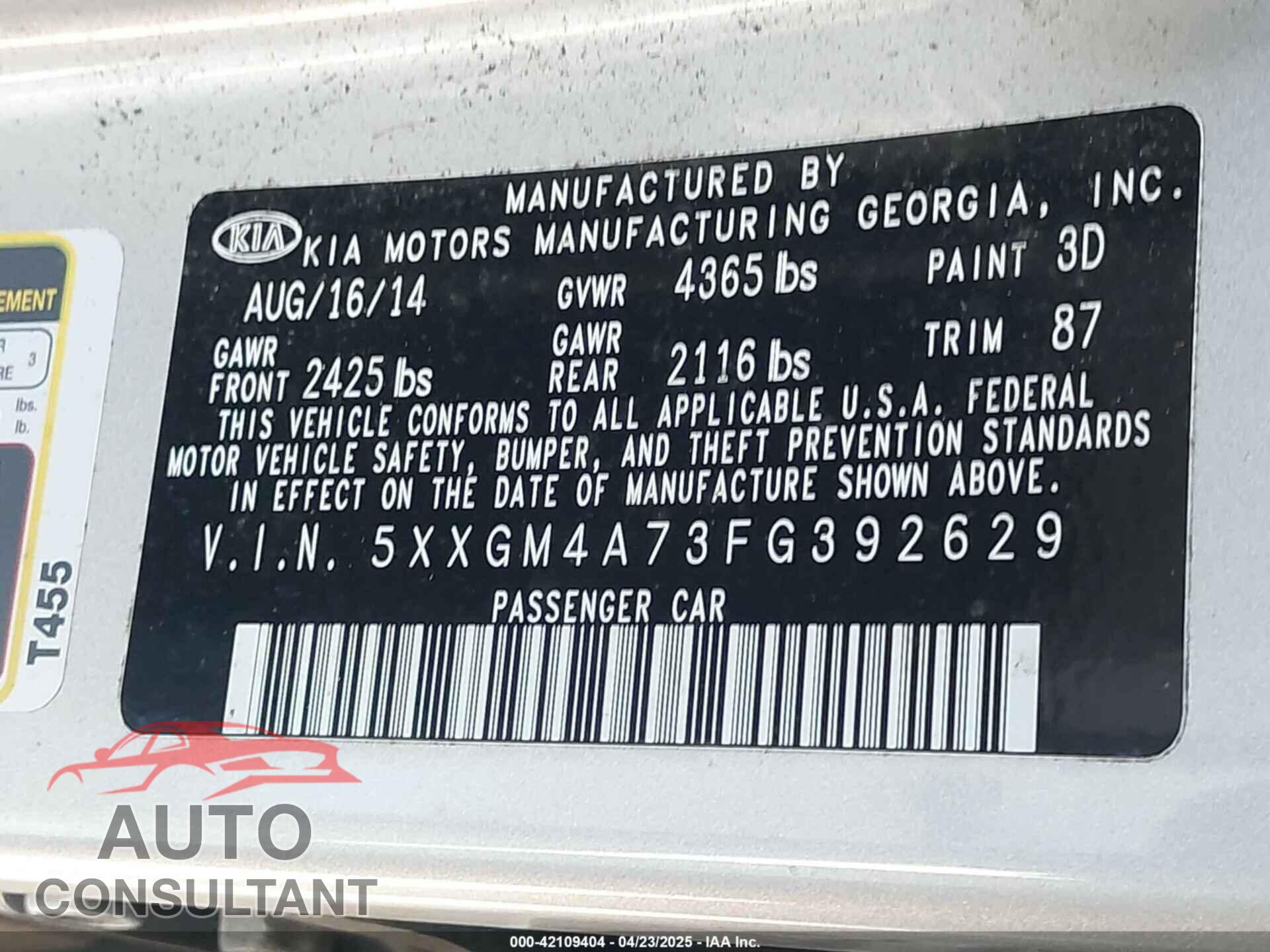 KIA OPTIMA 2015 - 5XXGM4A73FG392629