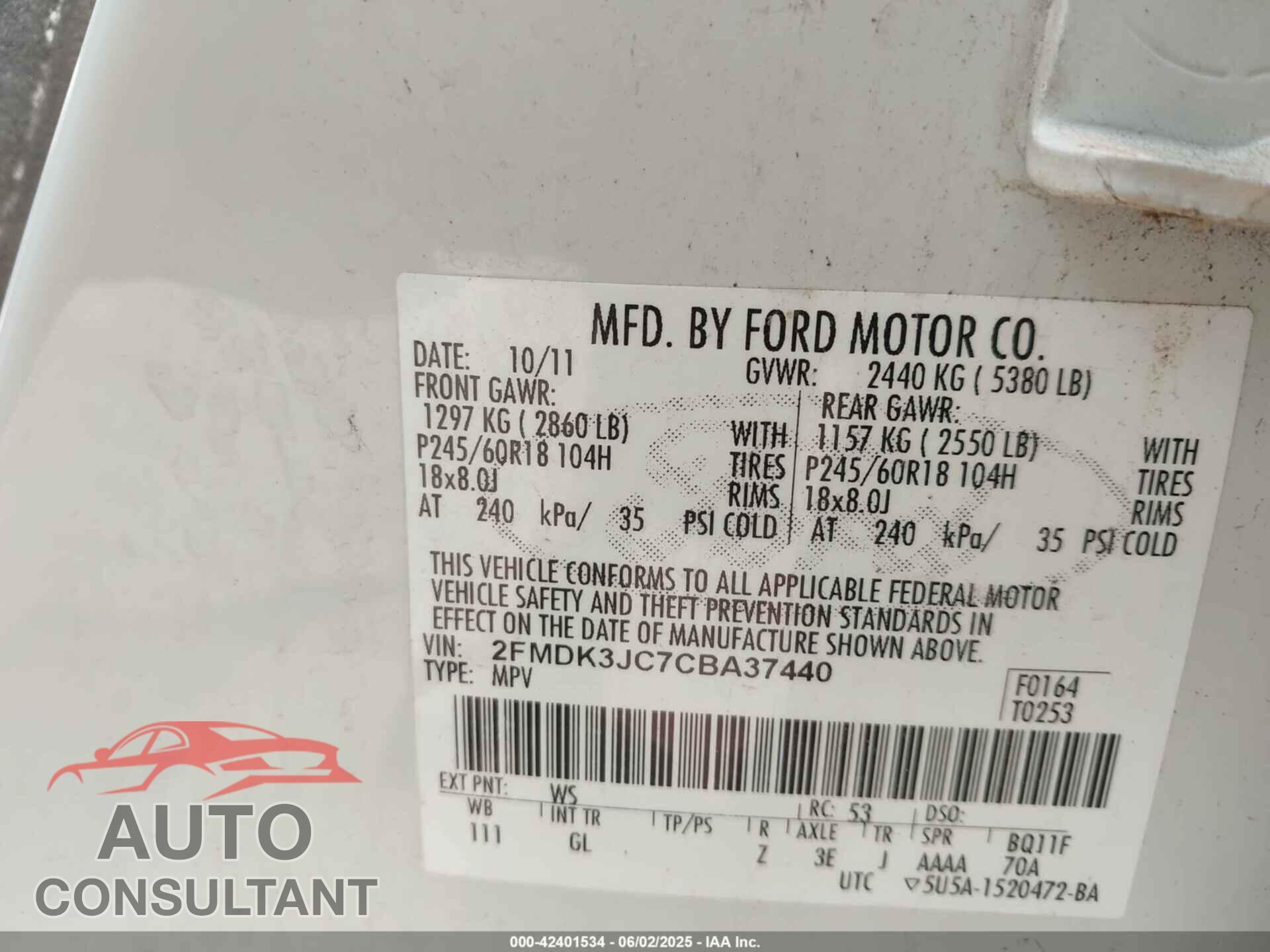 FORD EDGE 2012 - 2FMDK3JC7CBA37440