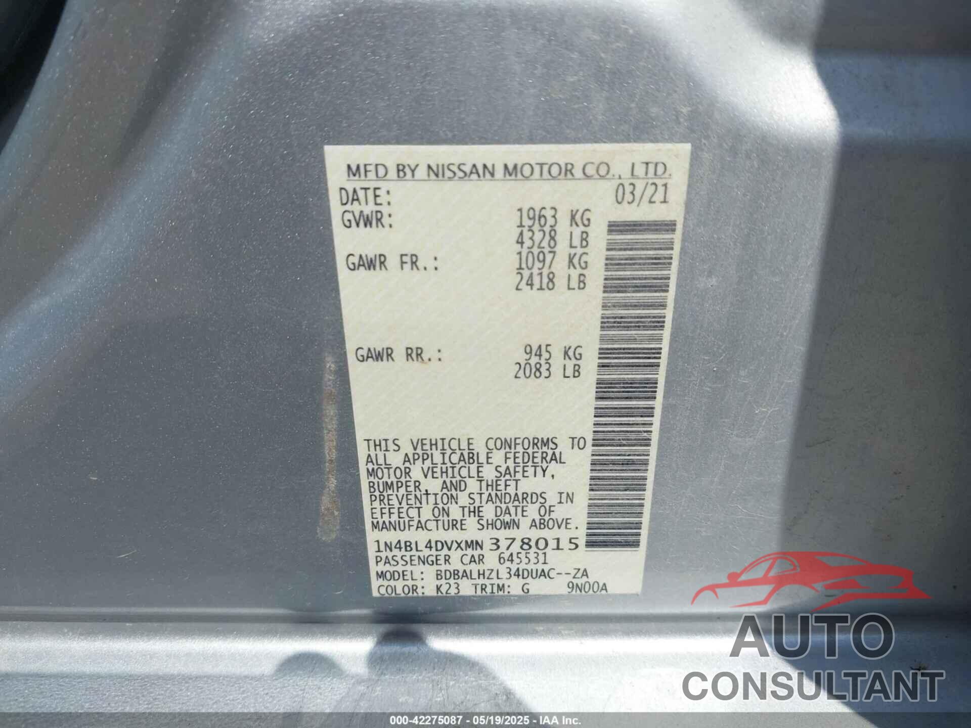 NISSAN ALTIMA 2021 - 1N4BL4DVXMN378015