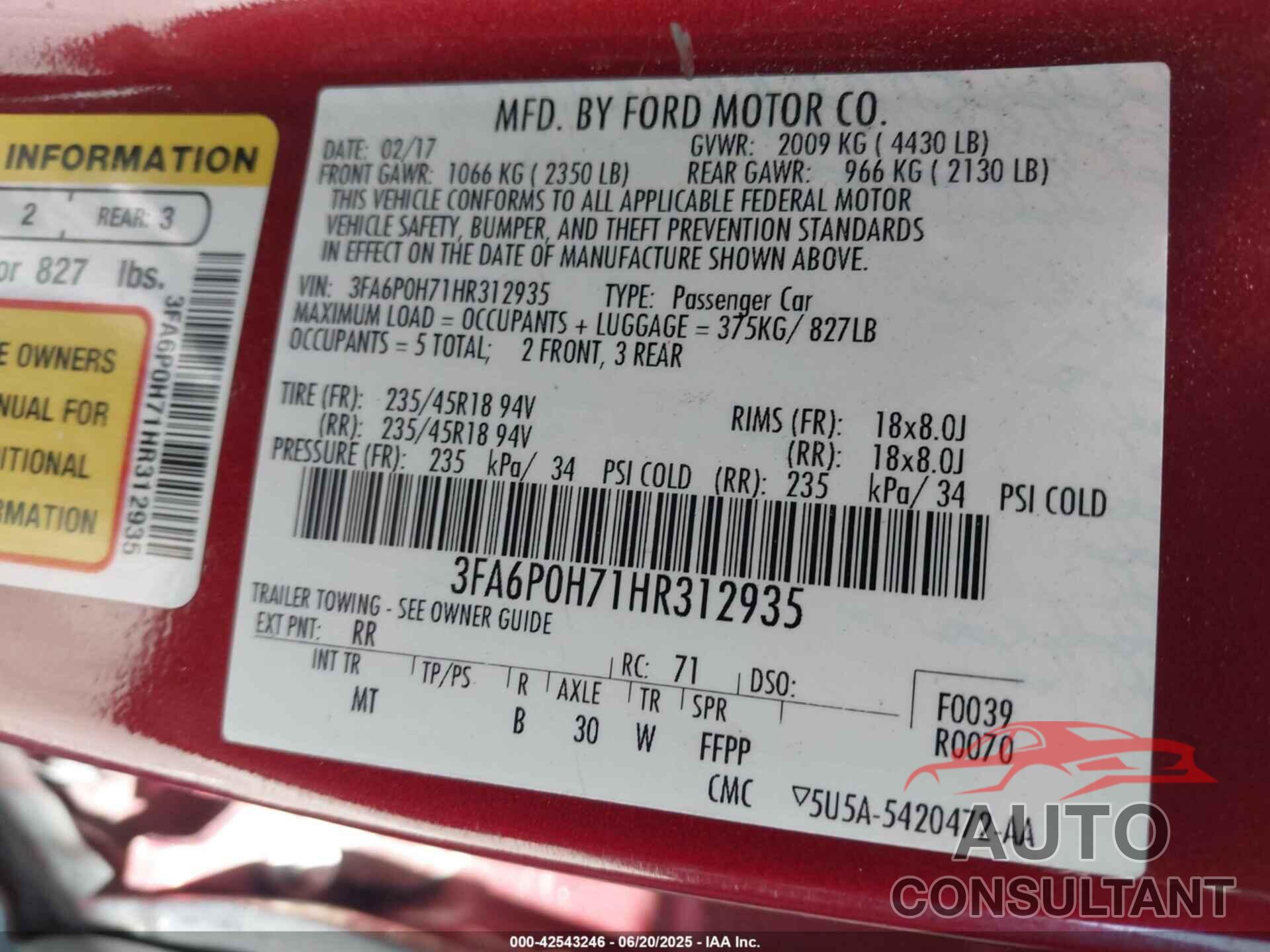FORD FUSION 2017 - 3FA6P0H71HR312935