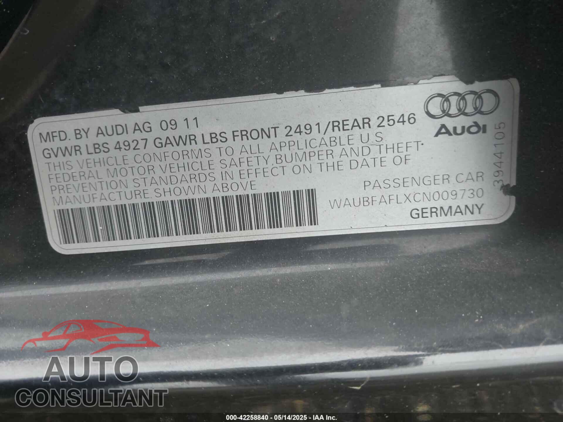 AUDI A4 2012 - WAUBFAFLXCN009730