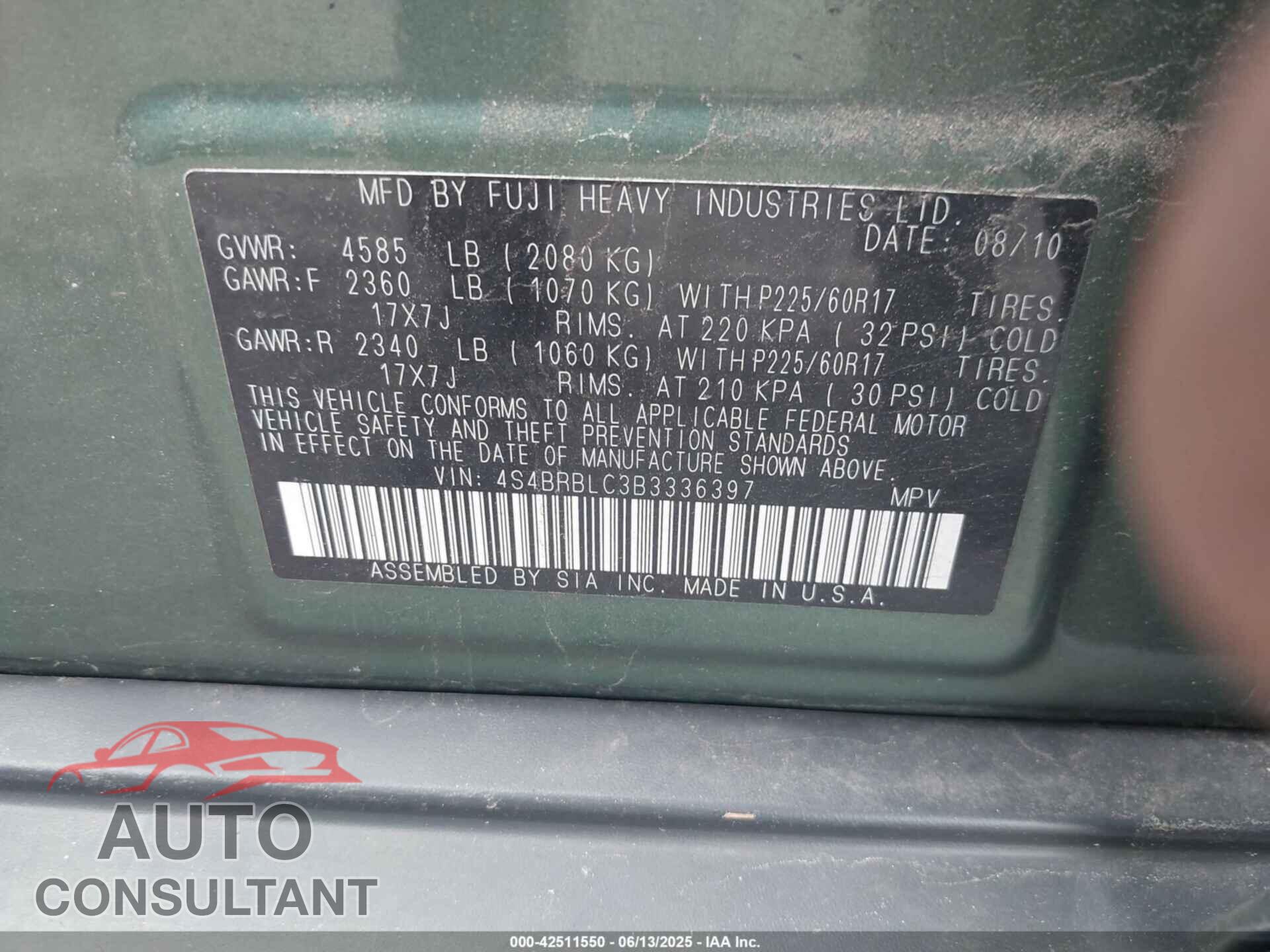 SUBARU OUTBACK 2011 - 4S4BRBLC3B3336397