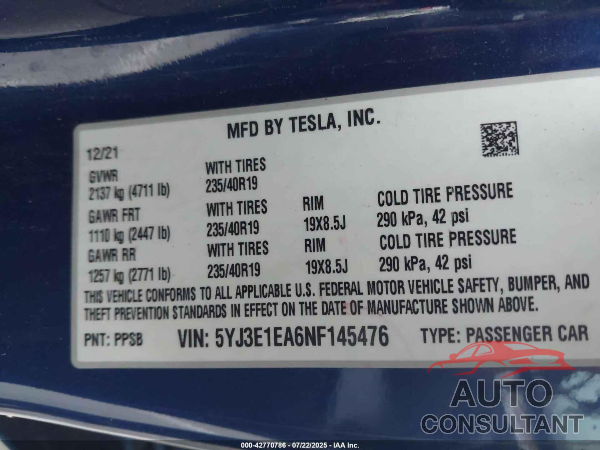 TESLA MODEL 3 2022 - 5YJ3E1EA6NF145476