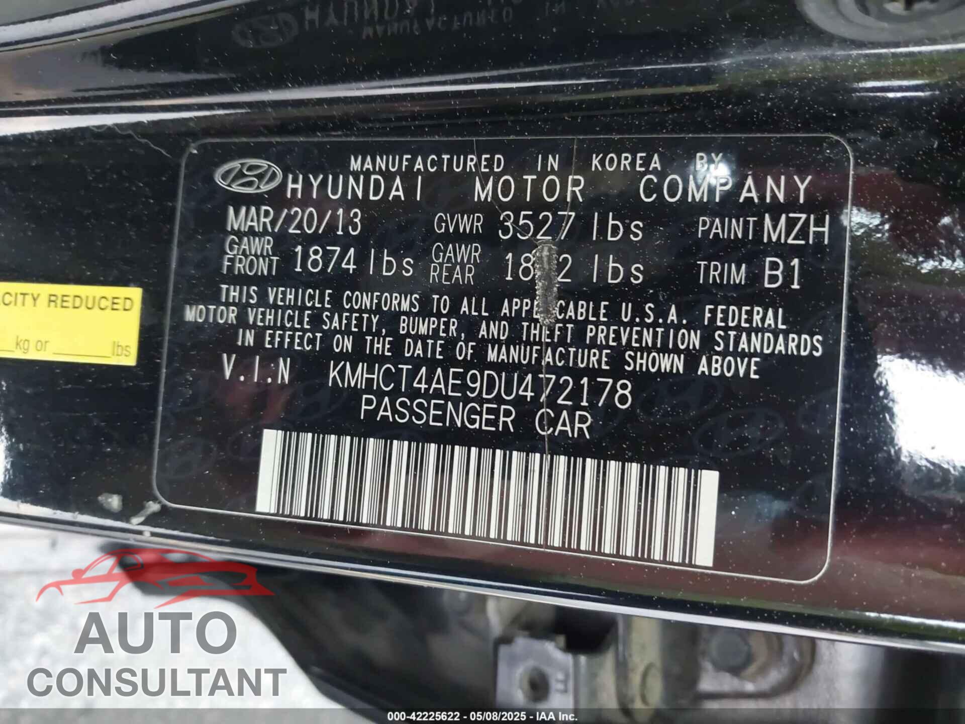 HYUNDAI ACCENT 2013 - KMHCT4AE9DU472178
