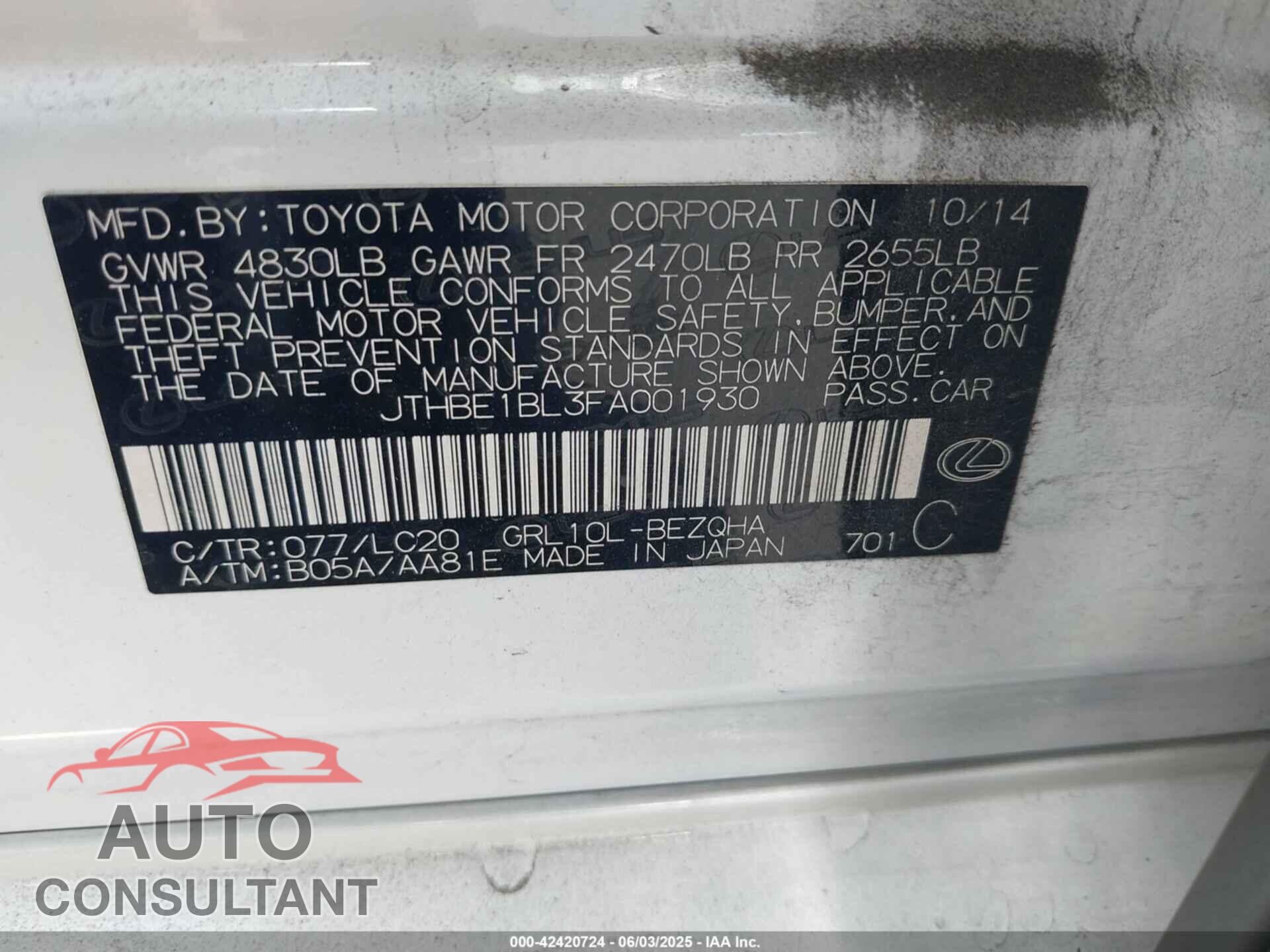 LEXUS GS 350 2015 - JTHBE1BL3FA001930