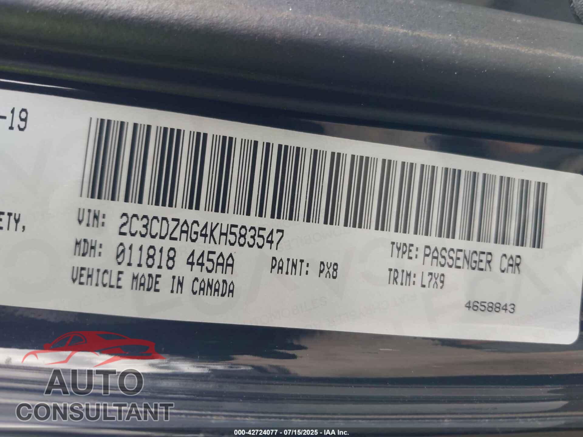 DODGE CHALLENGER 2019 - 2C3CDZAG4KH583547