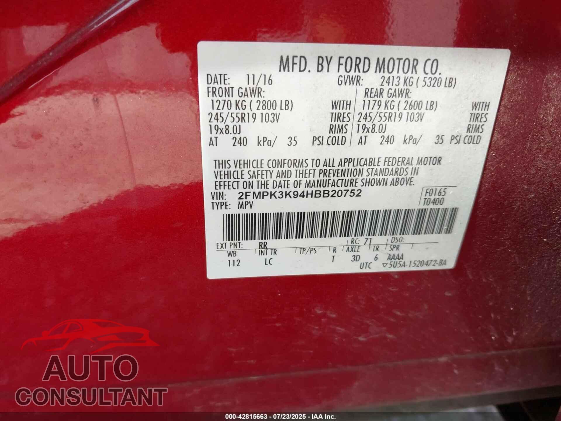 FORD EDGE 2017 - 2FMPK3K94HBB20752
